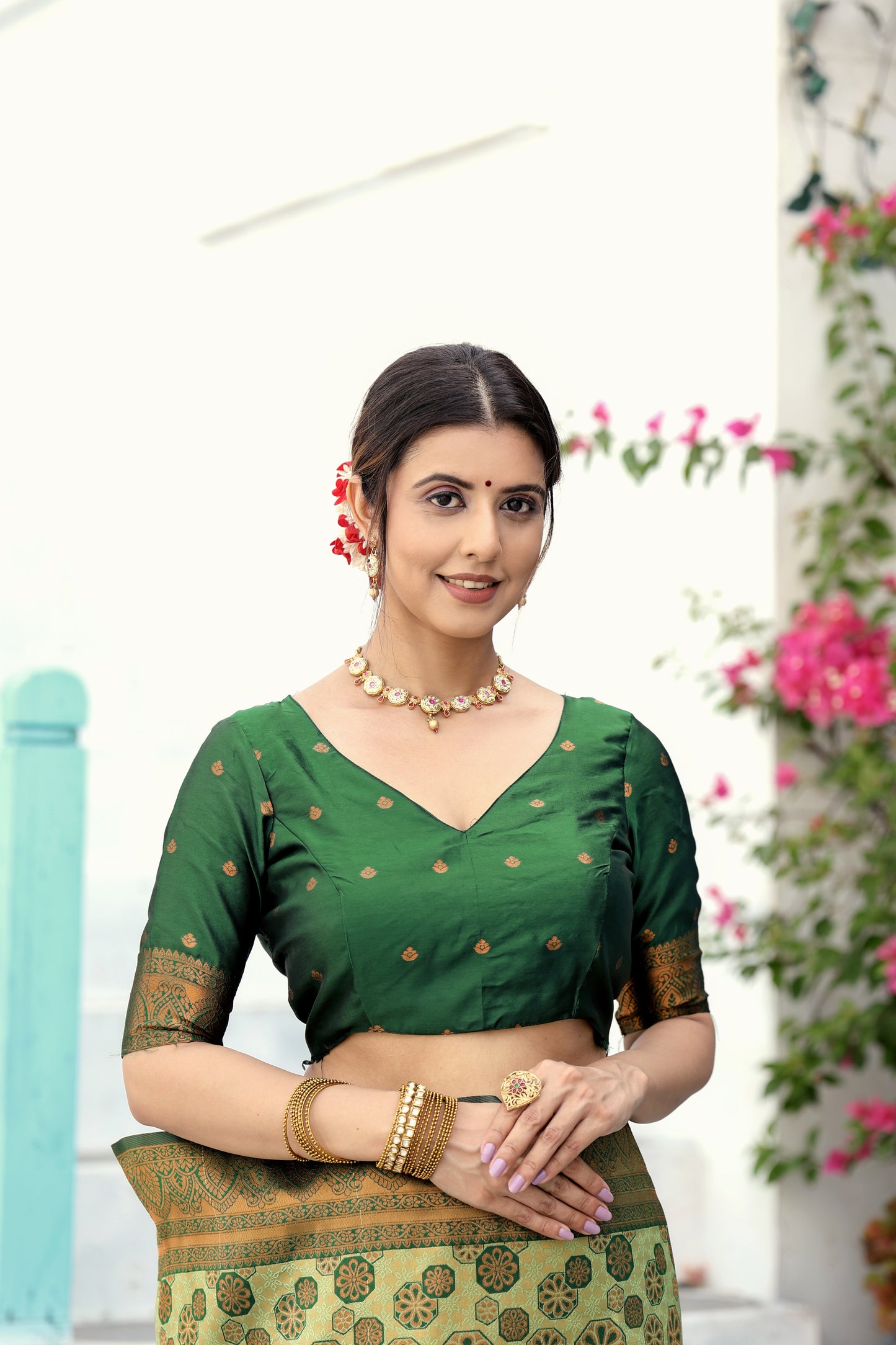 Pista Bottle Green Litchi Soft Silk Banarasi Saree with Floral Zari Woven