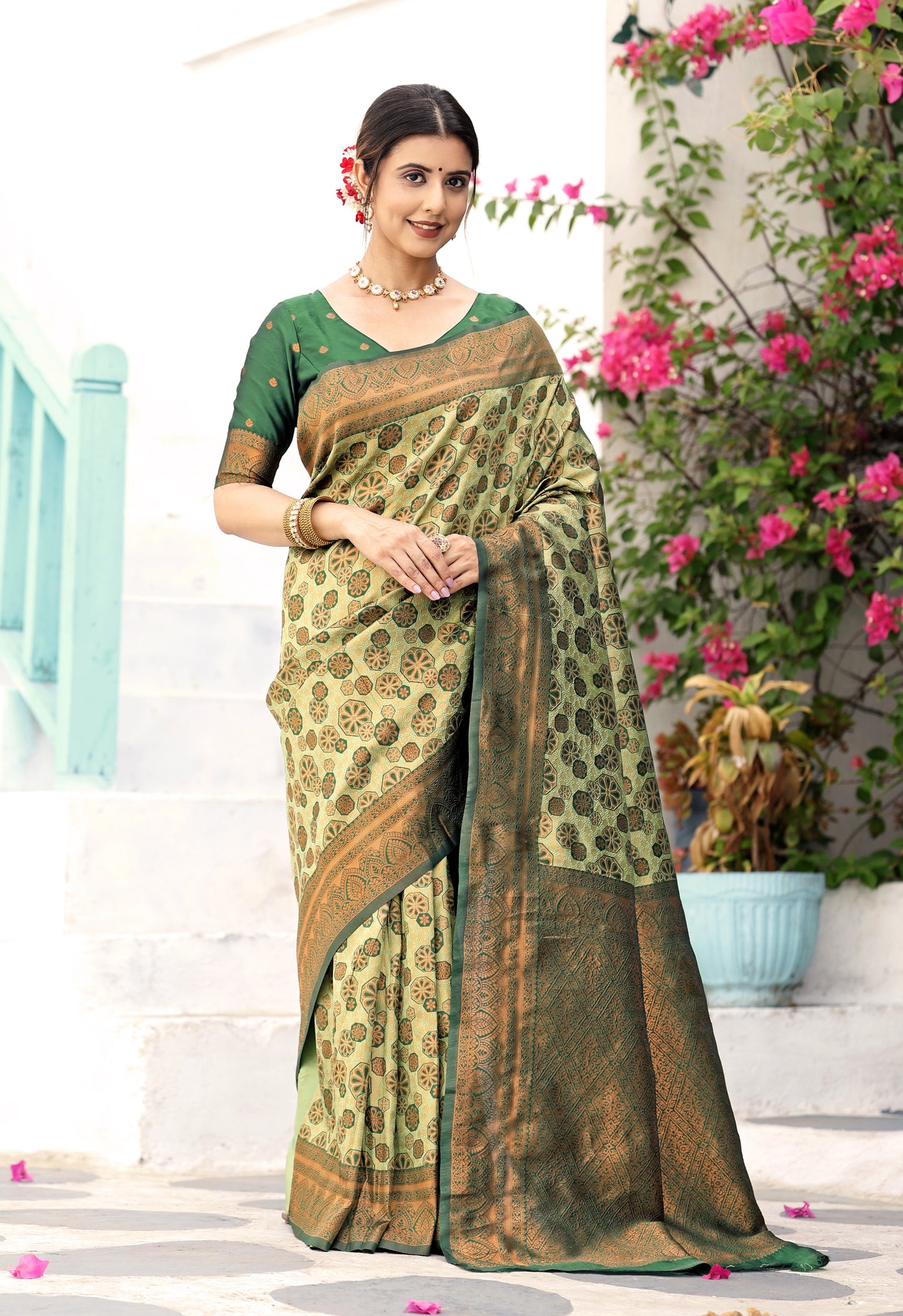 Pista Bottle Green Litchi Soft Silk Banarasi Saree with Floral Zari Woven