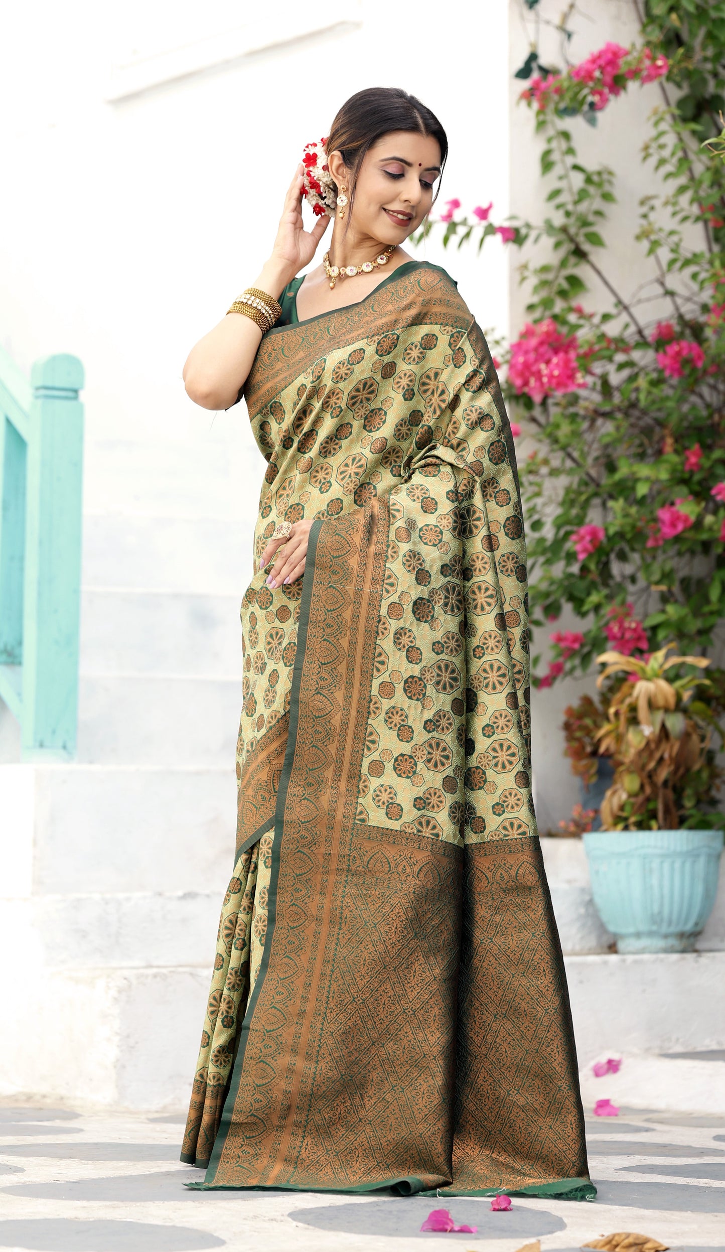 Pista Bottle Green Litchi Soft Silk Banarasi Saree with Floral Zari Woven