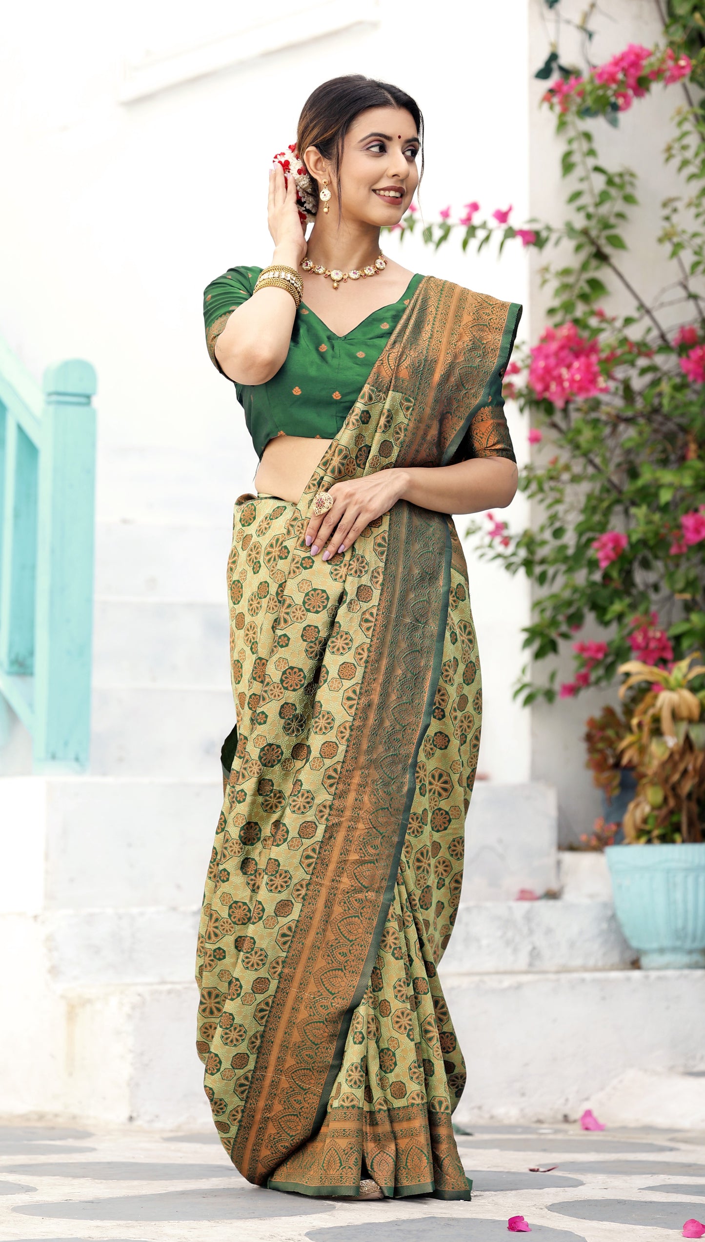 Pista Bottle Green Litchi Soft Silk Banarasi Saree with Floral Zari Woven