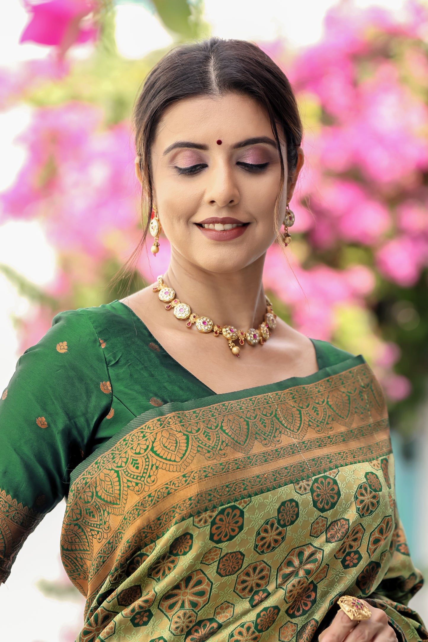 Pista Bottle Green Litchi Soft Silk Banarasi Saree with Floral Zari Woven