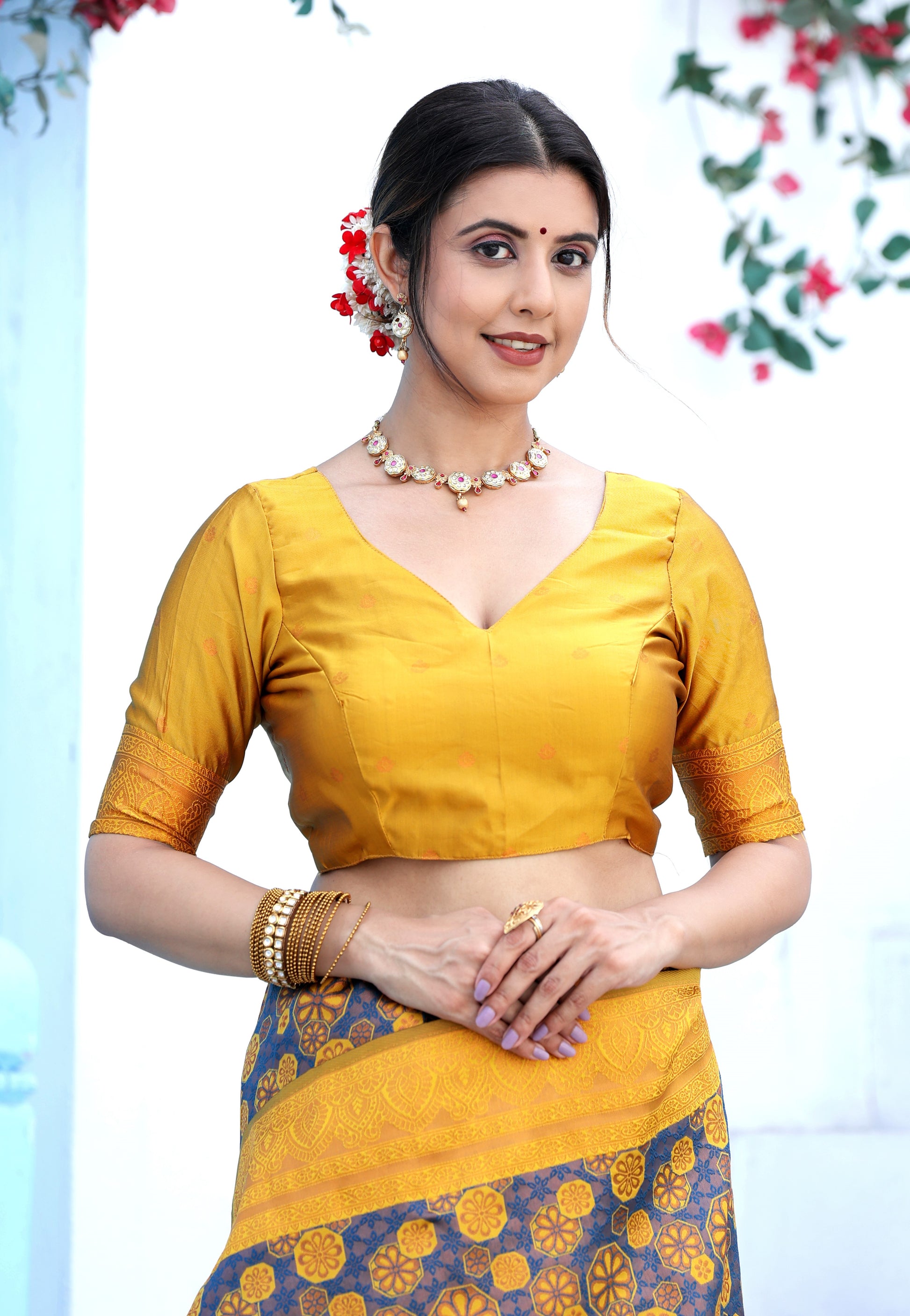 "Yellow Purple Banarasi Silk Saree with Floral Zari Woven – Festive Favorite"