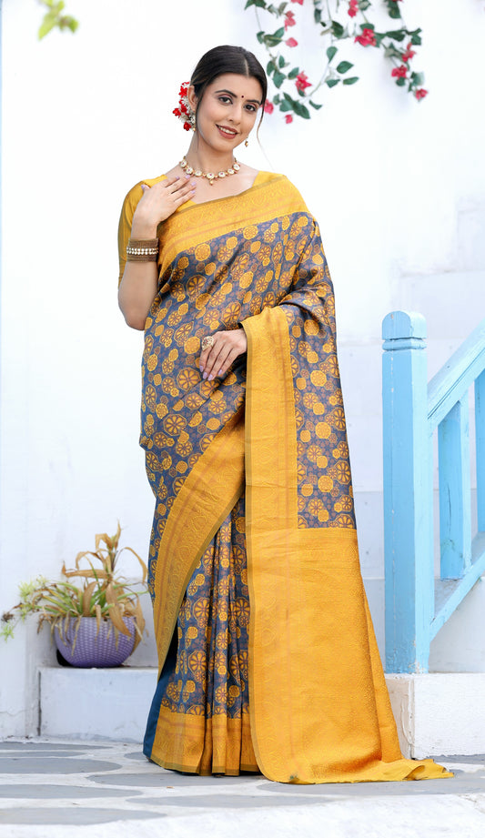 Yellow Purple And Litchi Soft Silk Banarasi Saree with Floral Zari Woven