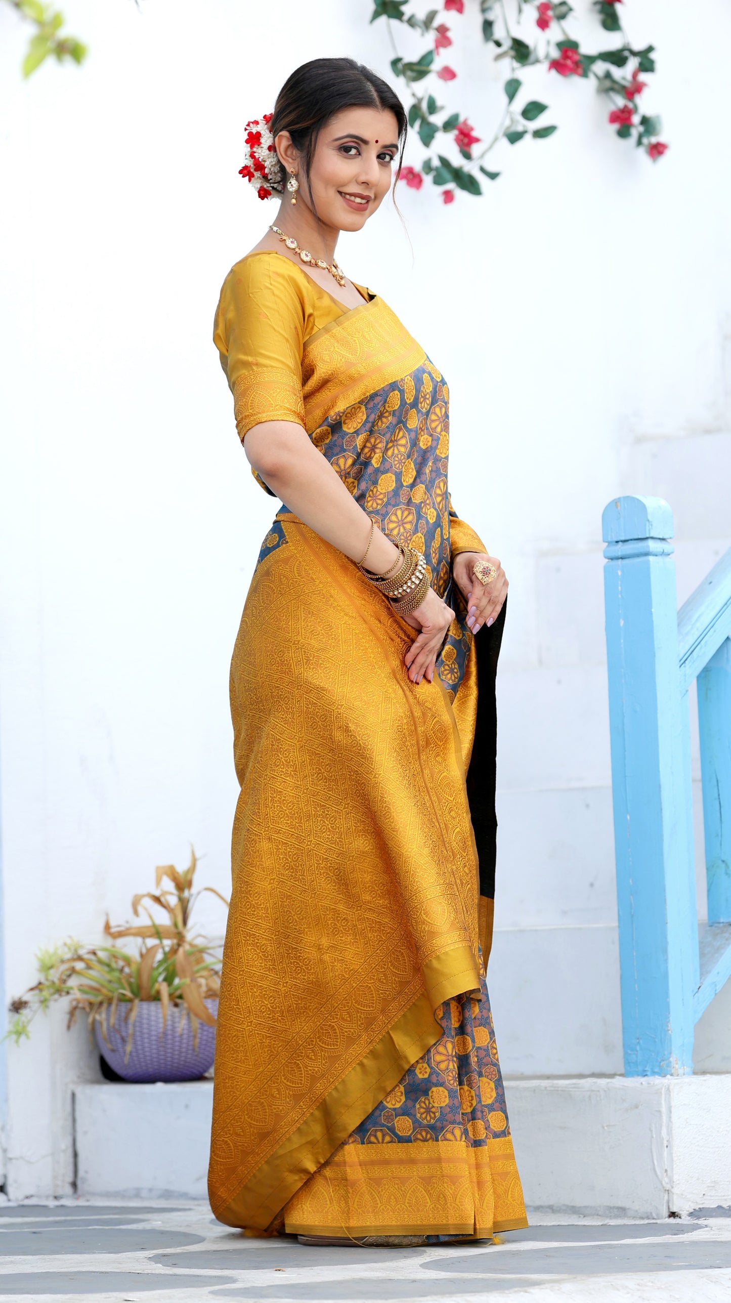 Purple Yellow Litchi Soft Silk Banarasi Saree with Floral Zari Woven
