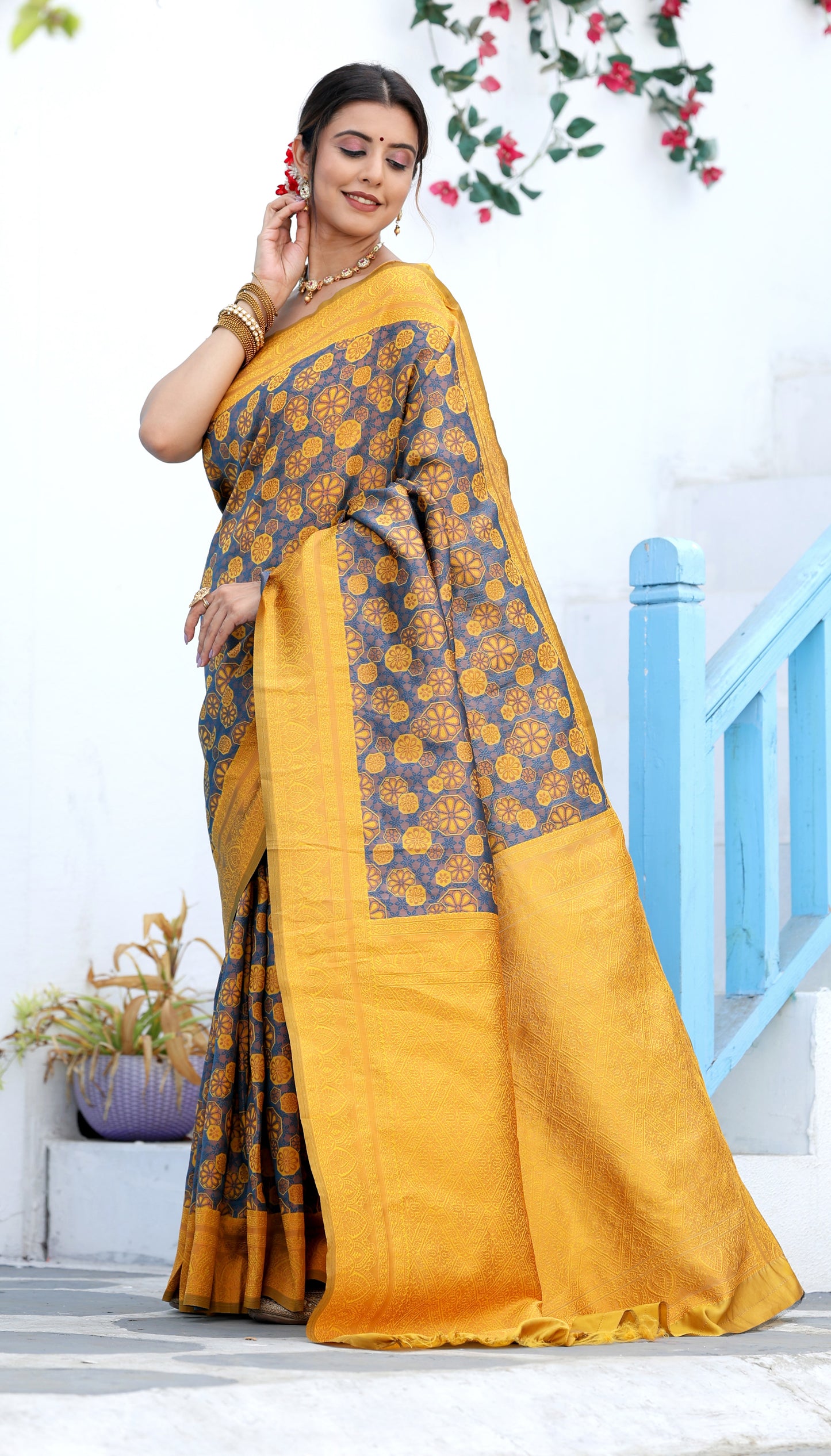 Purple Yellow Litchi Soft Silk Banarasi Saree with Floral Zari Woven