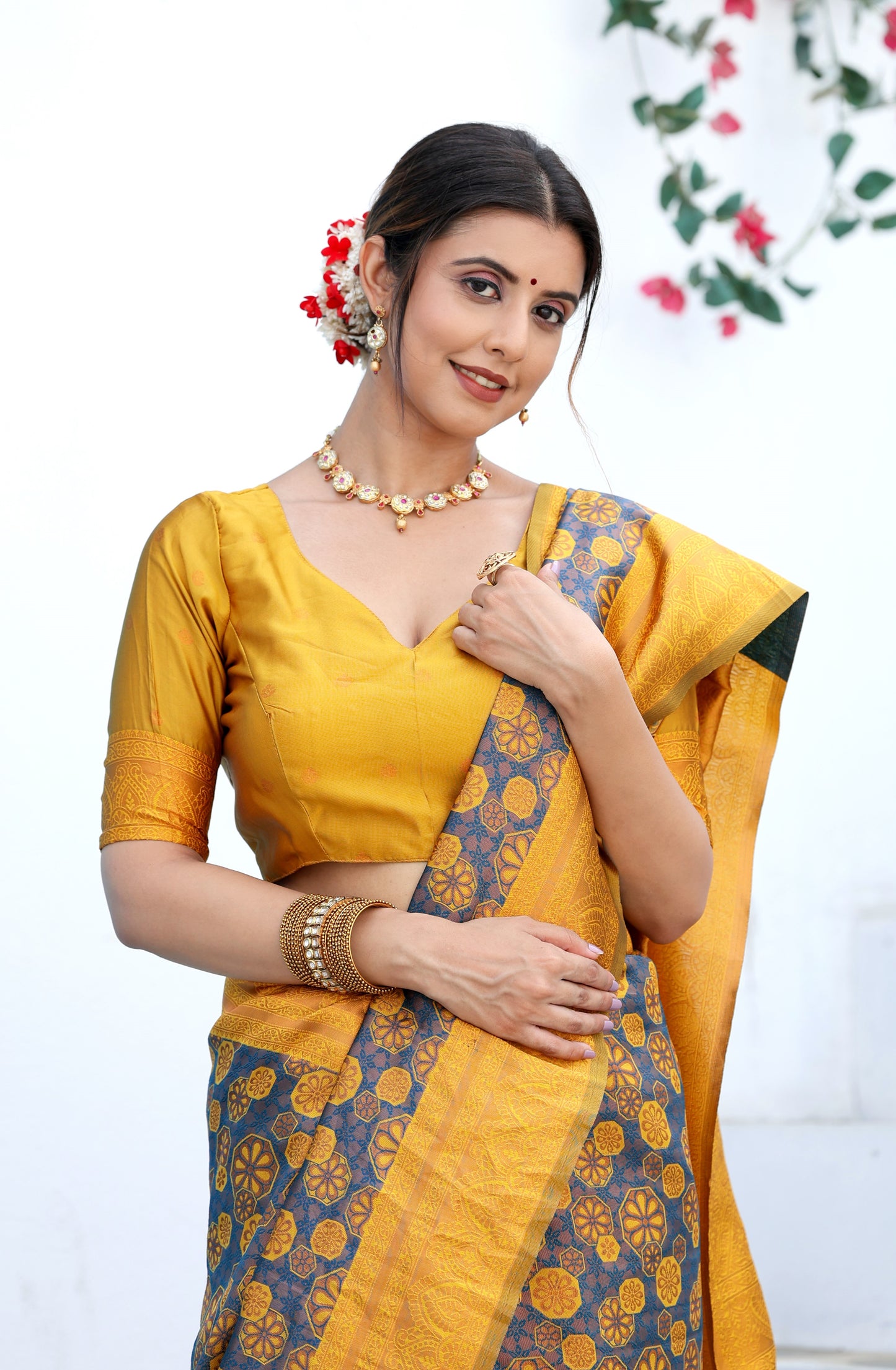 Purple Yellow Litchi Soft Silk Banarasi Saree with Floral Zari Woven