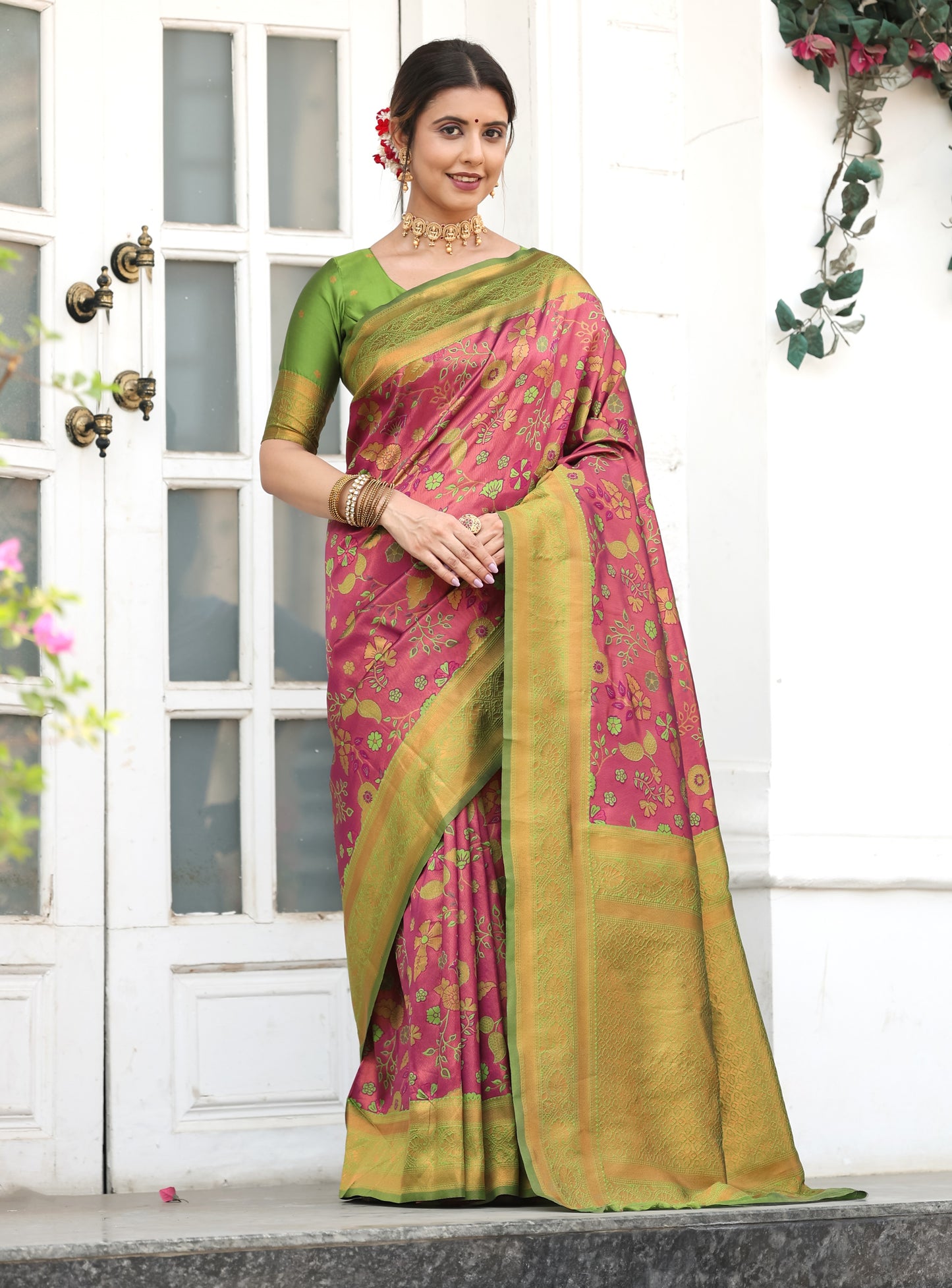 Wine Green Litchi Soft Silk Banarasi Saree with Floral Zari Woven