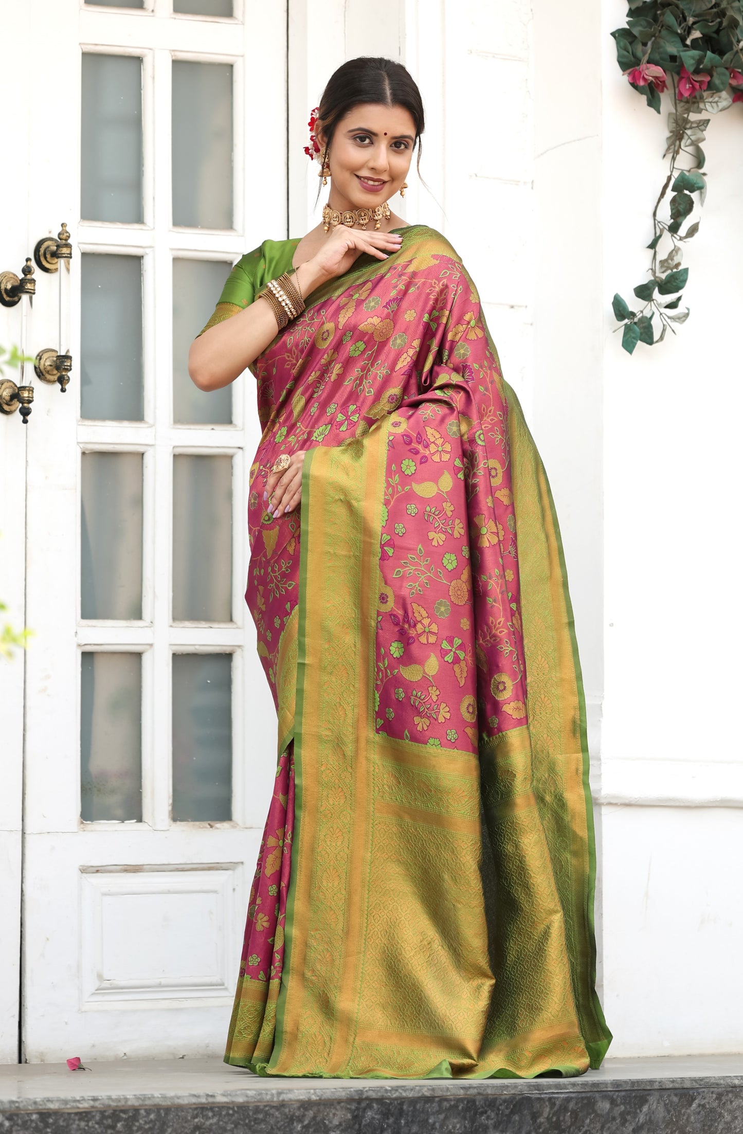 Wine Green Litchi Soft Silk Banarasi Saree with Floral Zari Woven