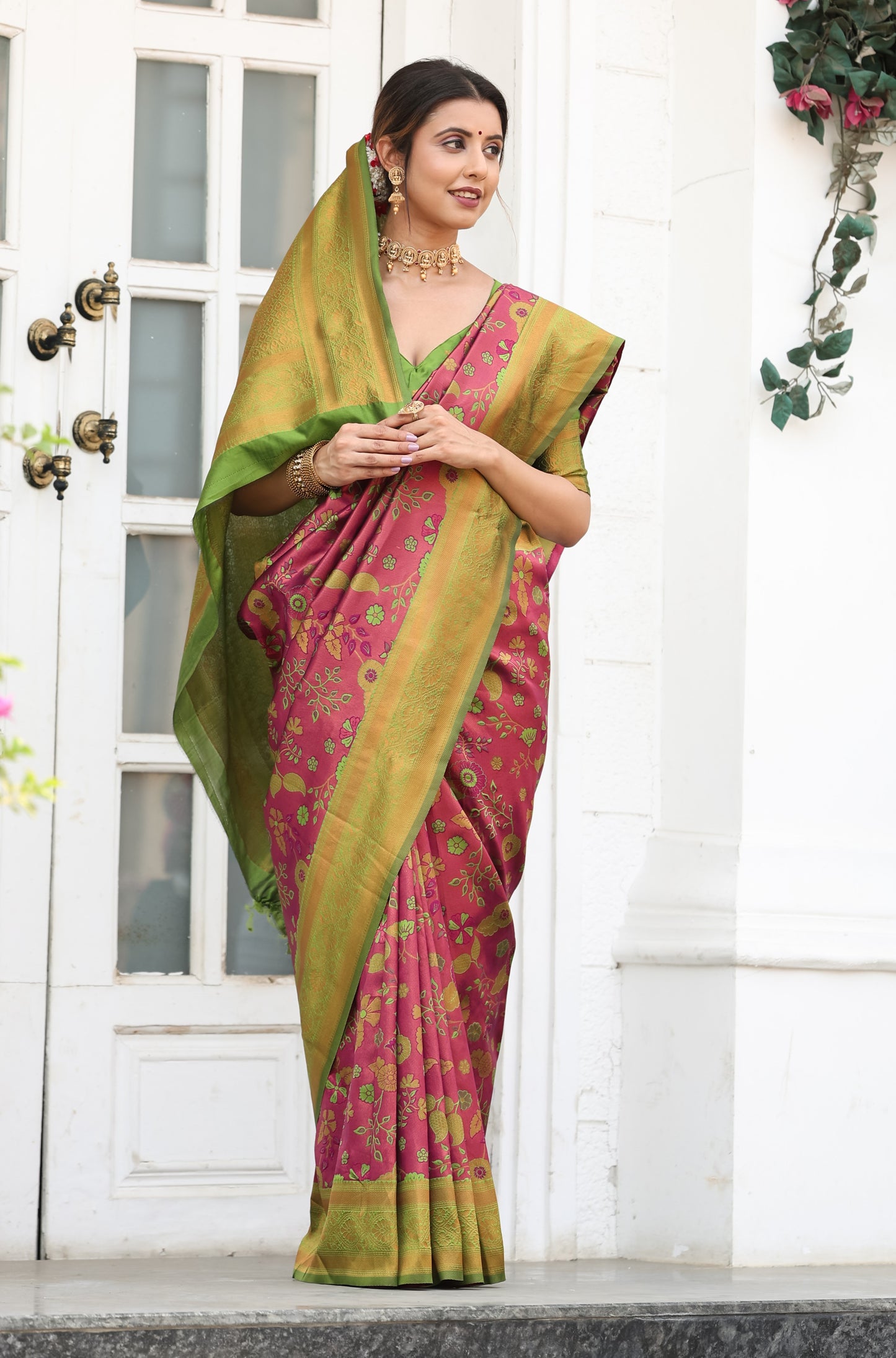 Wine Green Litchi Soft Silk Banarasi Saree with Floral Zari Woven