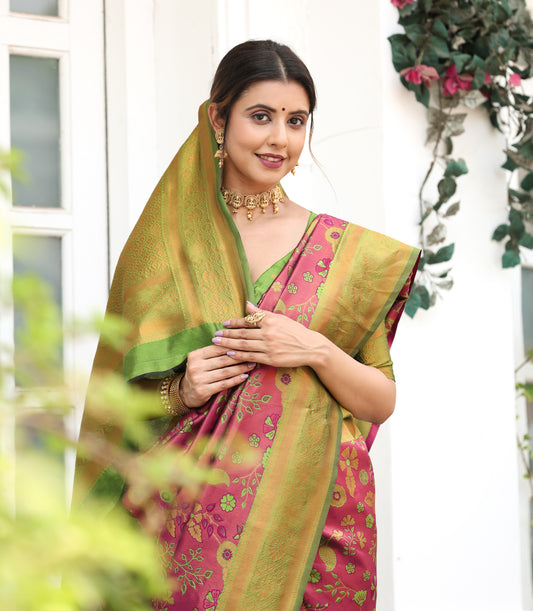 "Wine Green Litchi Silk Saree with Floral Zari Weaving – In Stock"