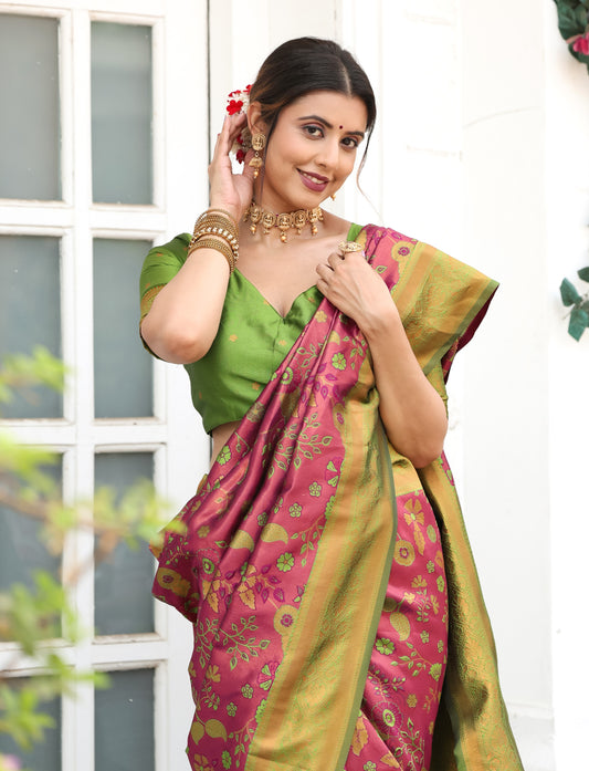 Wine Green Litchi Soft Silk Banarasi Saree with Floral Zari Woven