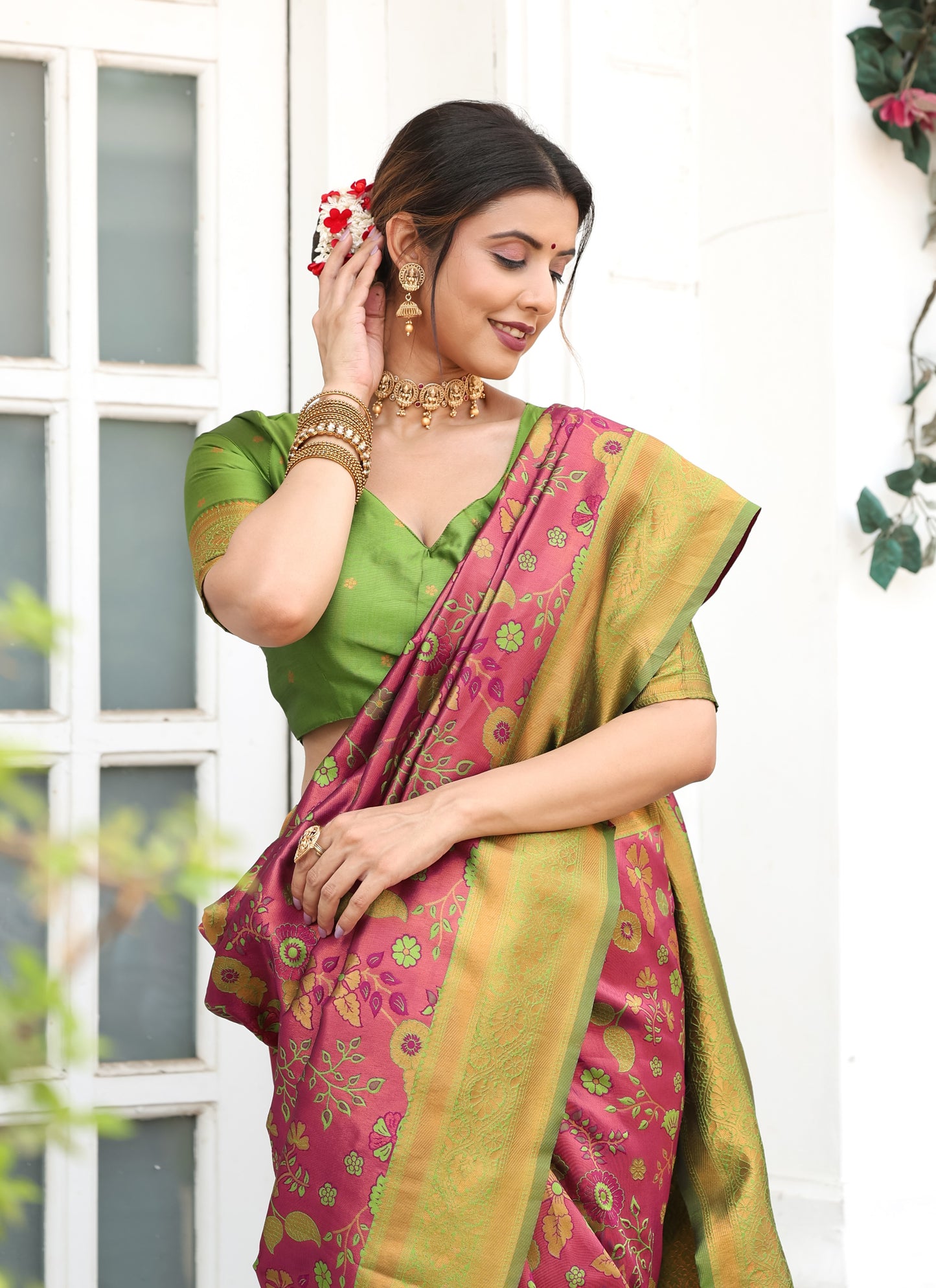 Wine Green Litchi Soft Silk Banarasi Saree with Floral Zari Woven