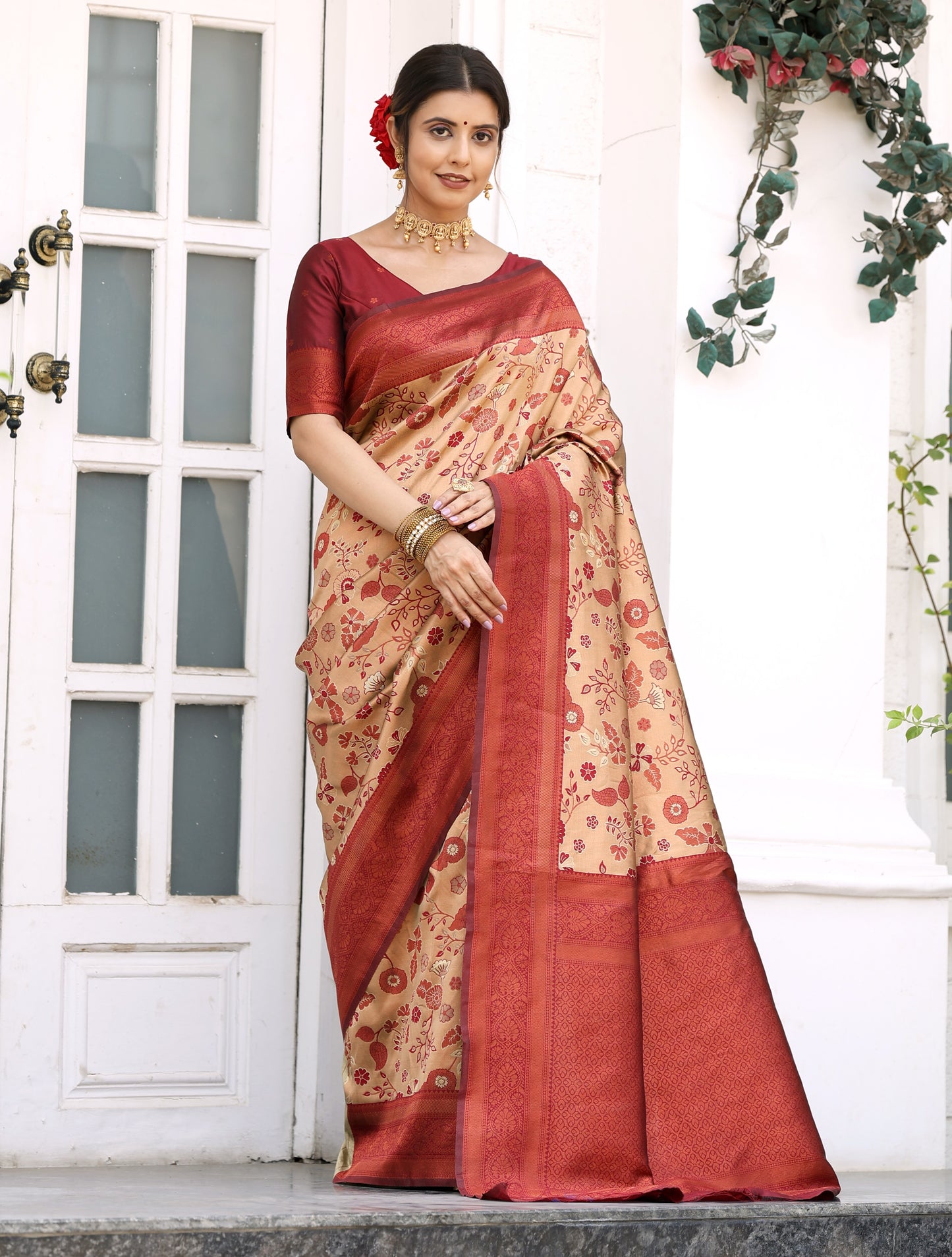 Chiku Maroon Litchi Soft Silk Banarasi Saree with Floral Zari Woven