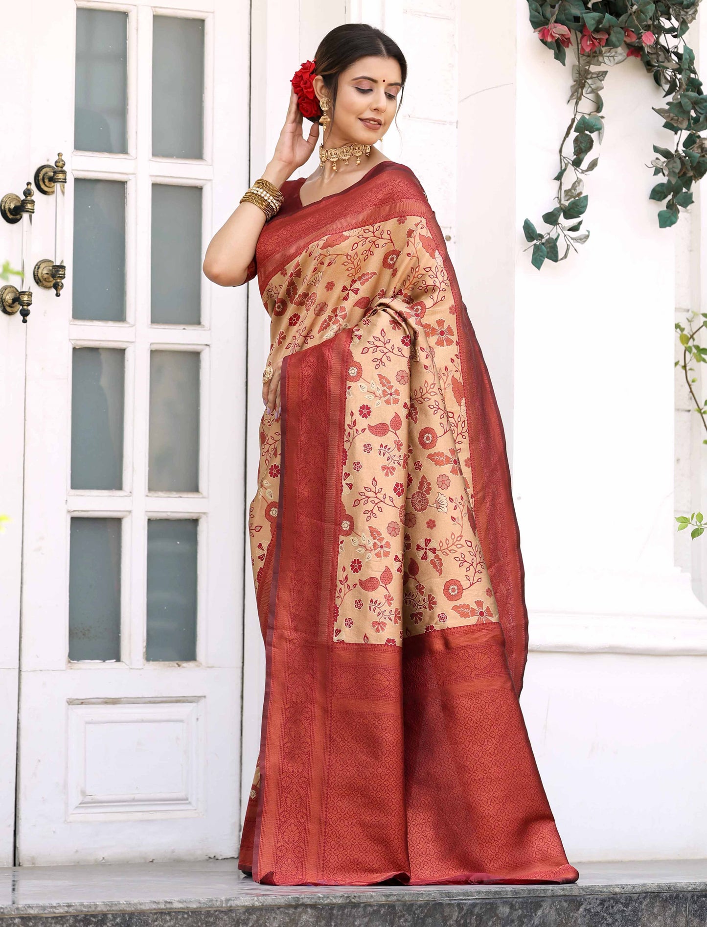 Chiku Maroon Litchi Soft Silk Banarasi Saree with Floral Zari Woven