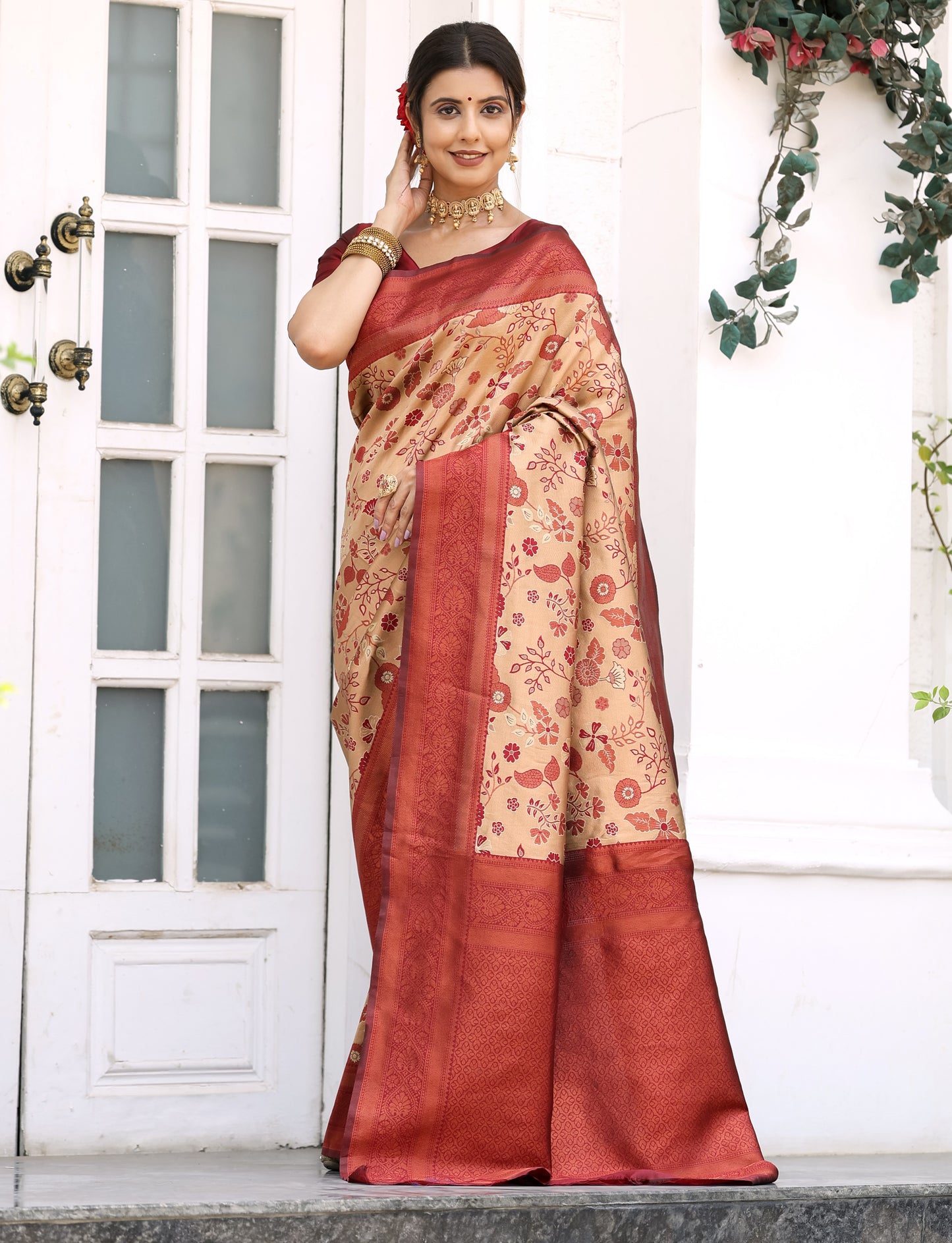 Chiku Maroon Litchi Soft Silk Banarasi Saree with Floral Zari Woven