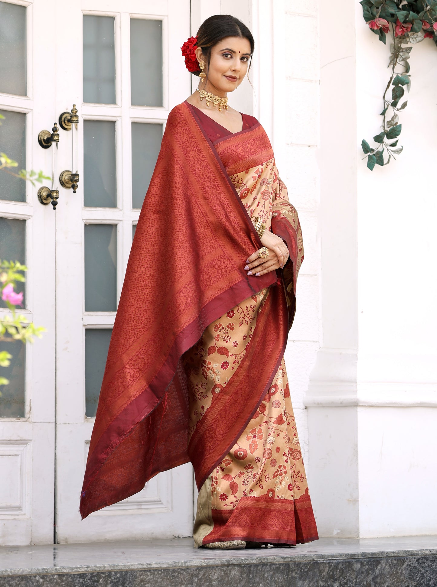 Chiku Maroon Litchi Soft Silk Banarasi Saree with Floral Zari Woven