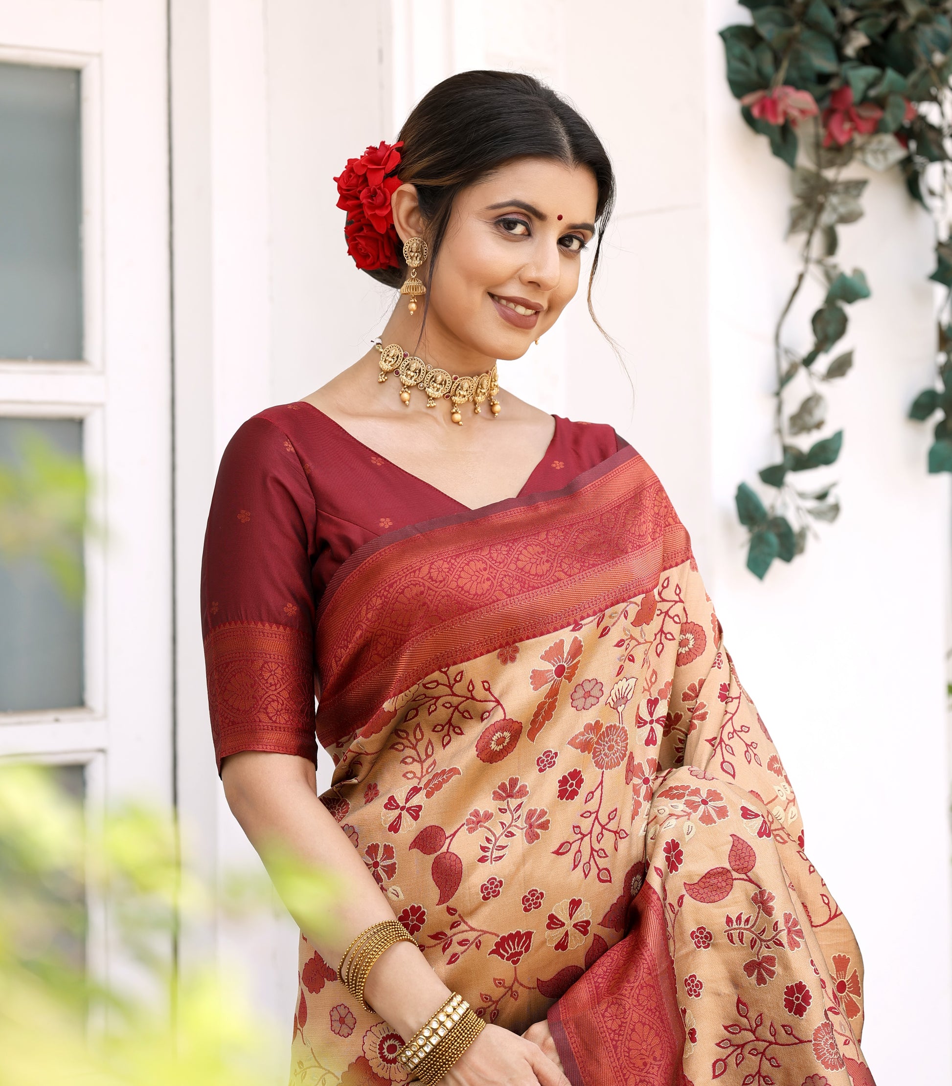 "Chiku Maroon Litchi Silk Banarasi Saree with Floral Zari Weaving – Available"