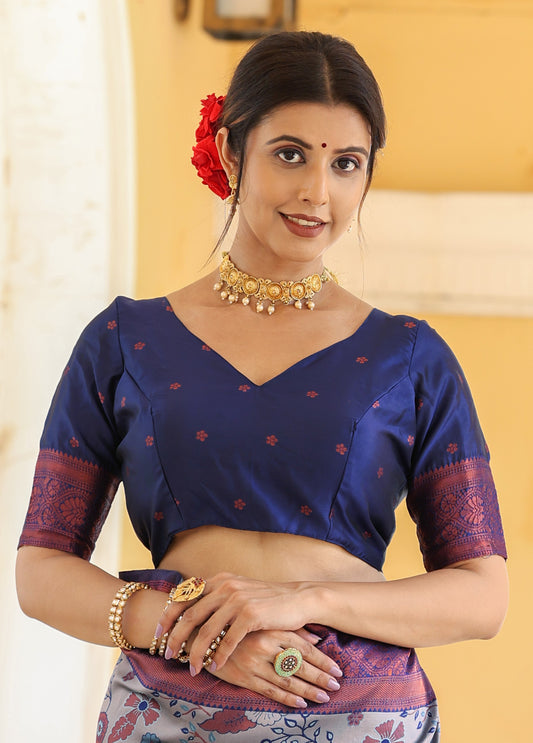 Light Blue Litchi Soft Silk Banarasi Saree with Floral Zari Woven