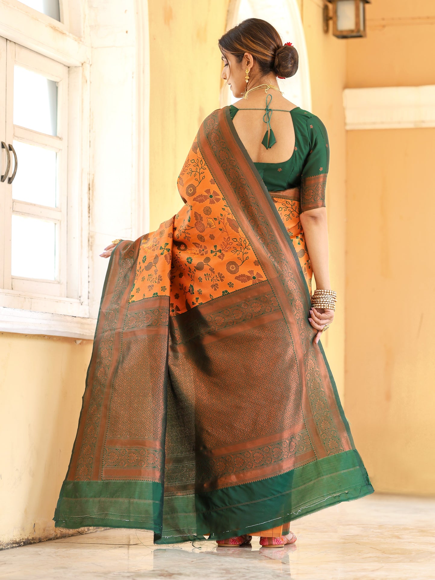Mustard Bottle Green Litchi Soft Silk Banarasi Saree with Floral Zari Woven