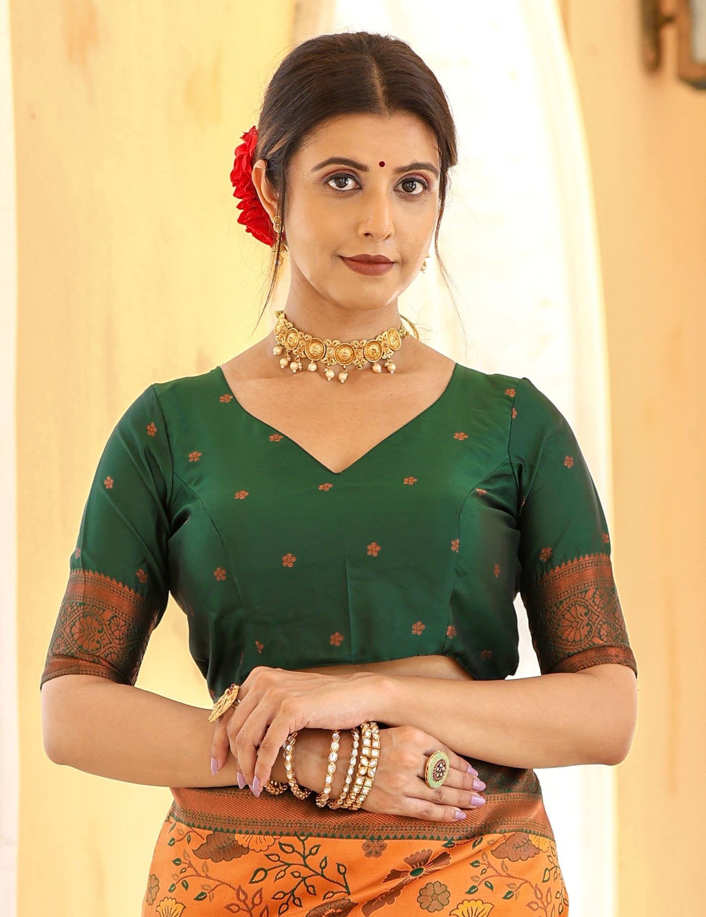 Mustard Bottle Green Litchi Soft Silk Banarasi Saree with Floral Zari Woven