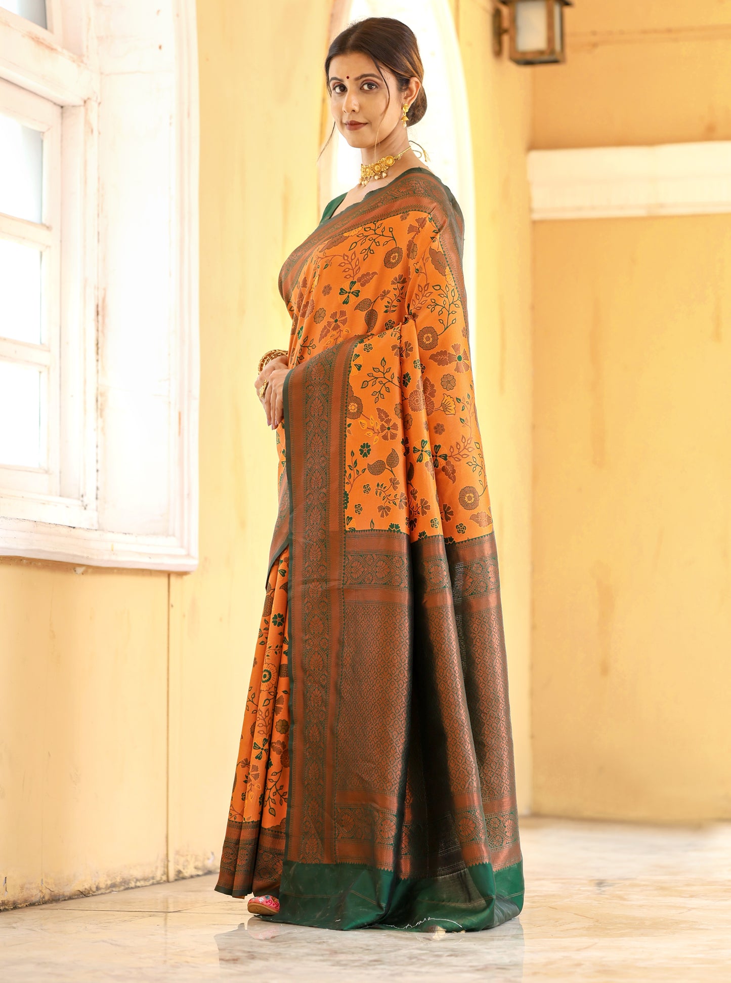 Mustard Bottle Green Litchi Soft Silk Banarasi Saree with Floral Zari Woven