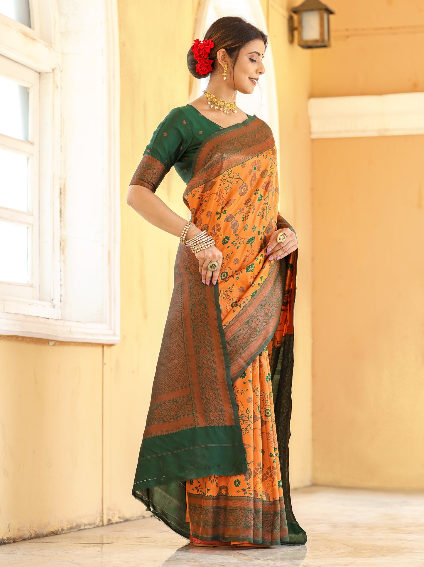 Mustard Bottle Green Litchi Soft Silk Banarasi Saree with Floral Zari Woven
