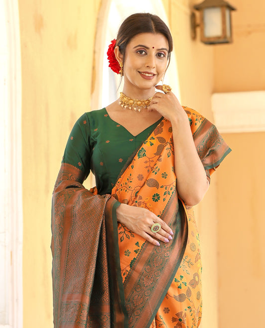 Mustard Bottle Green Litchi Soft Silk Banarasi Saree with Floral Zari Woven