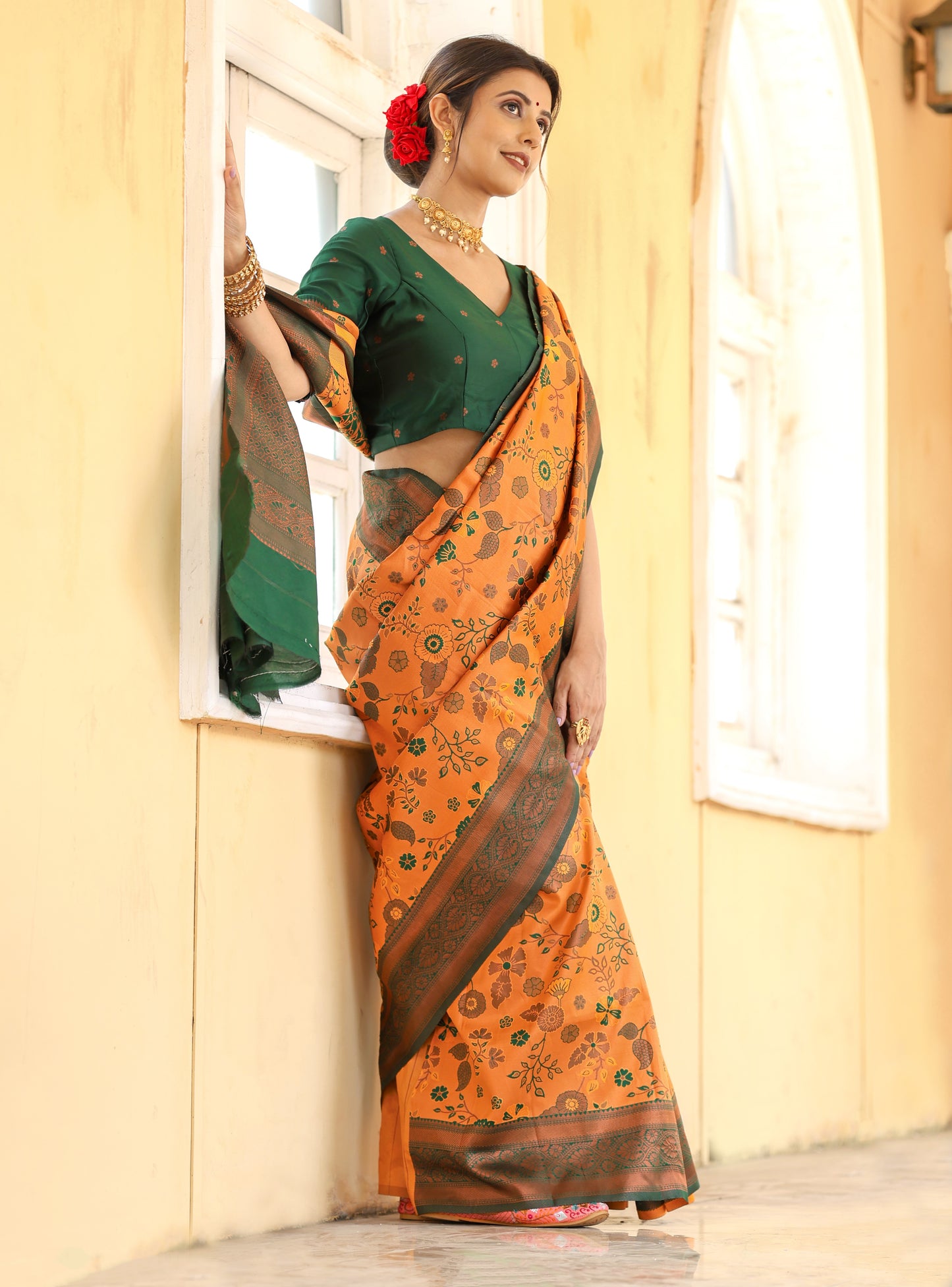 Mustard Bottle Green Litchi Soft Silk Banarasi Saree with Floral Zari Woven