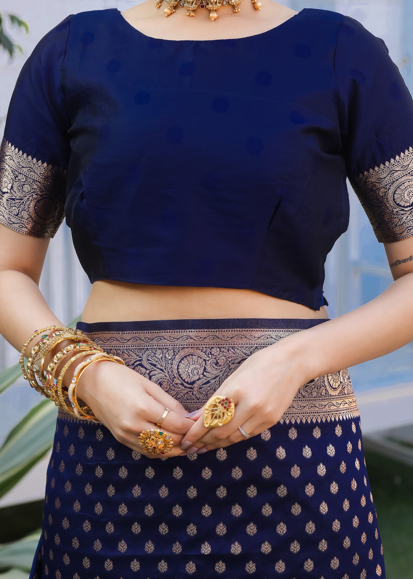 Navy Blue Katan Litchi Silk Banarasi Saree with Zari Butta Woven