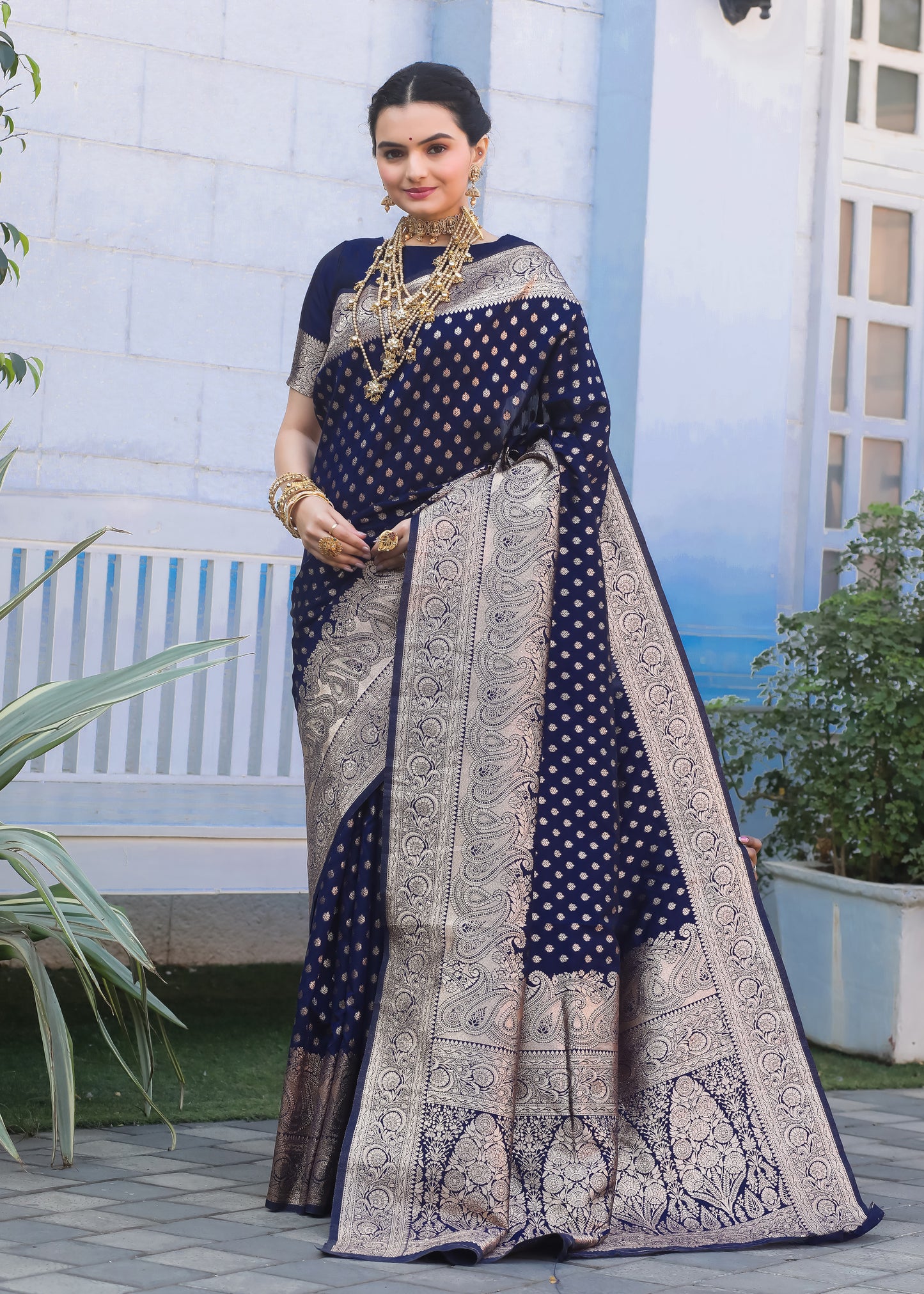 Navy Blue Katan Litchi Silk Banarasi Saree with Zari Butta Woven