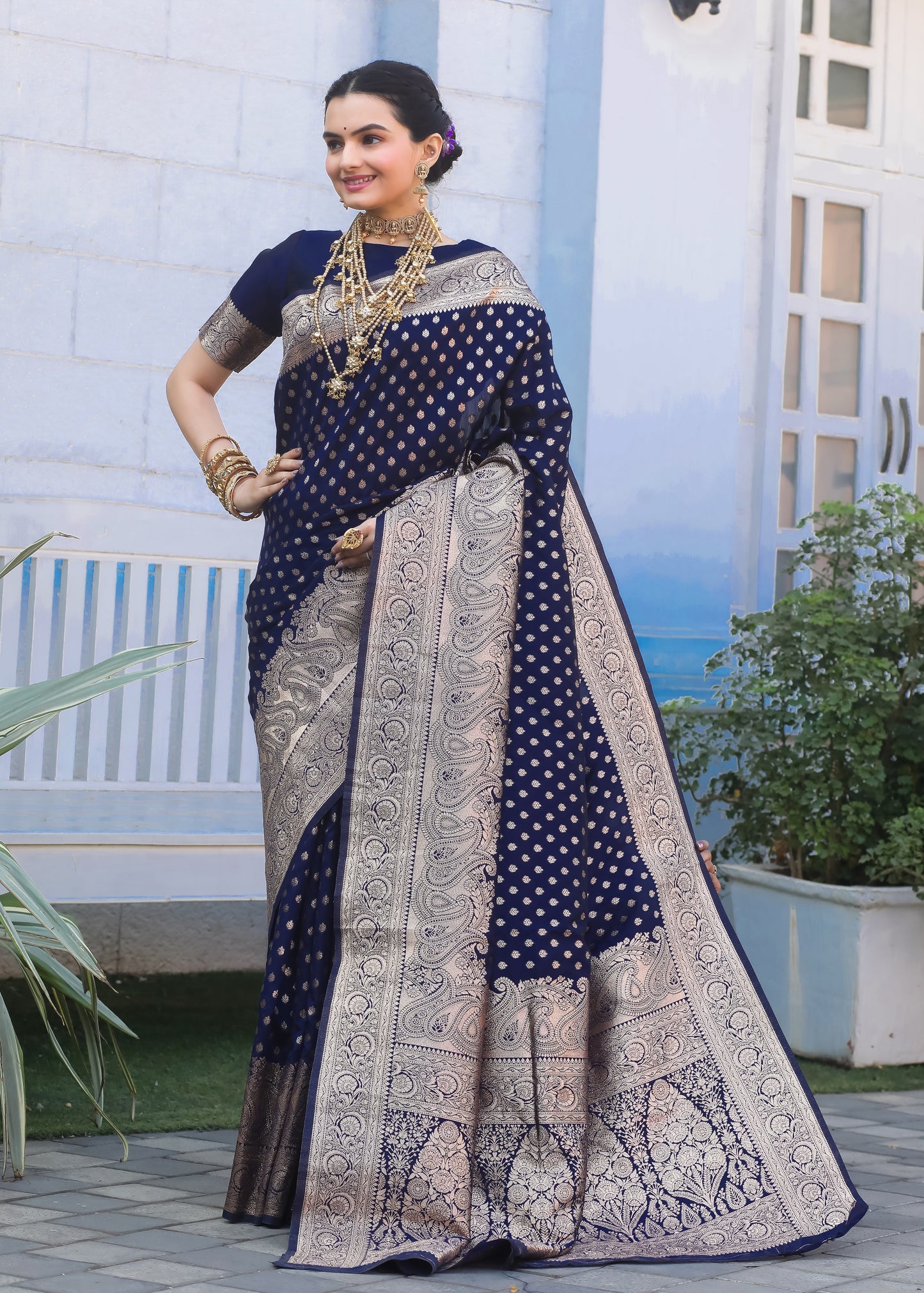 Navy Blue Katan Litchi Silk Banarasi Saree with Zari Butta Woven