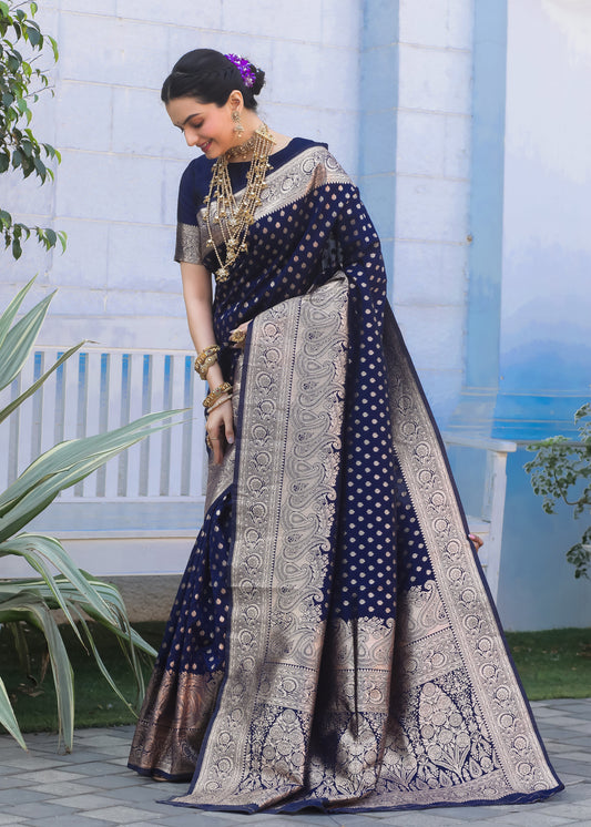 Navy Blue Katan Litchi Silk Banarasi Saree with Zari Butta Woven – In Stock