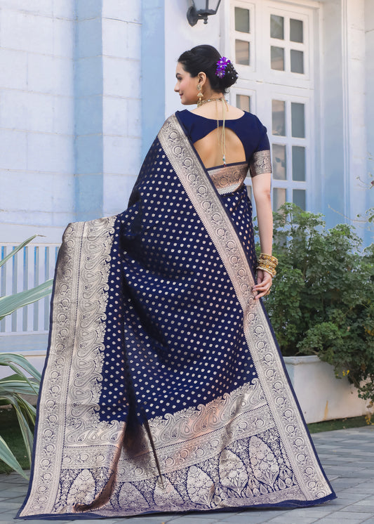 Navy Blue Katan Litchi Silk Banarasi Saree with Zari Butta Woven