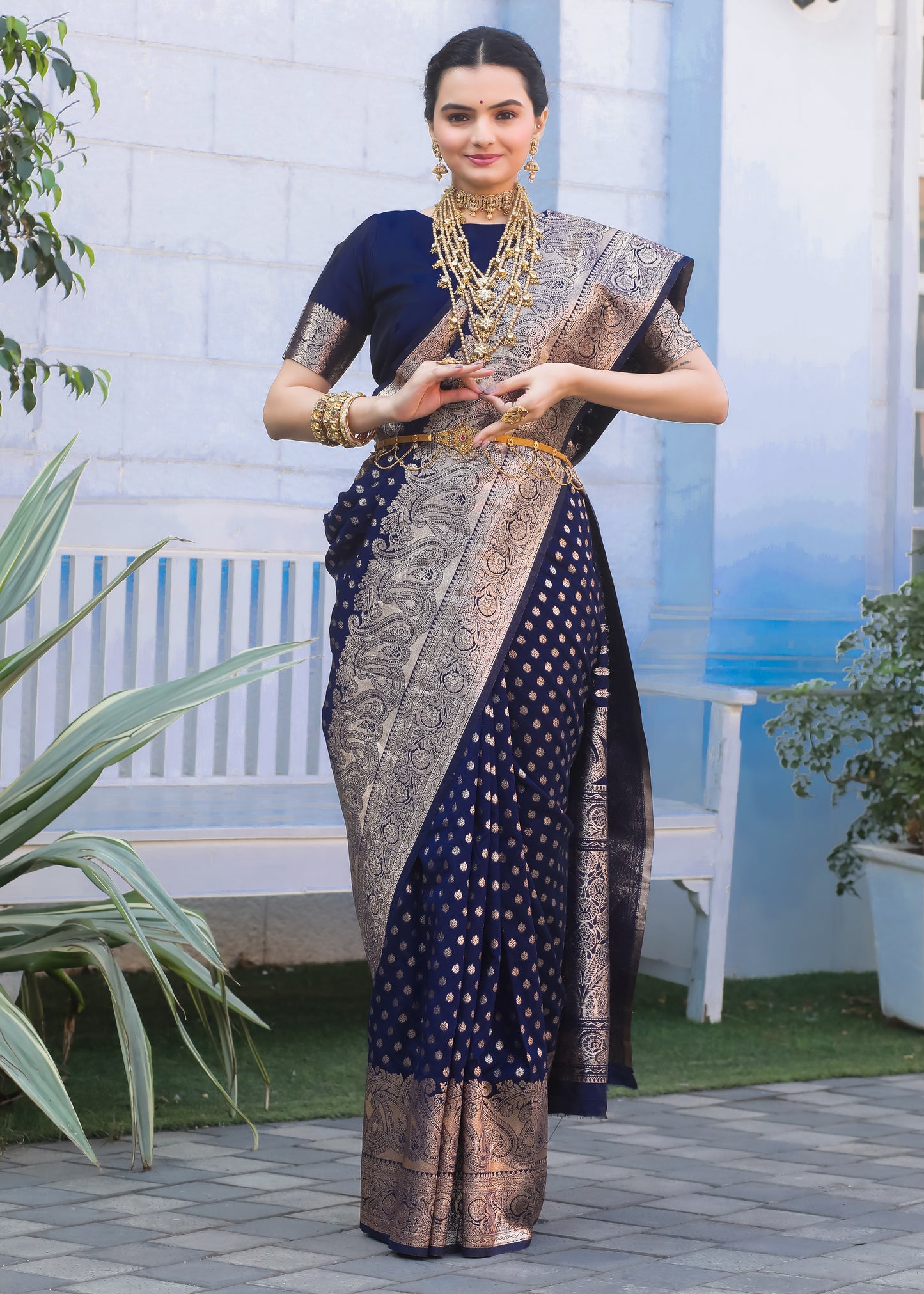 Navy Blue Katan Litchi Silk Banarasi Saree with Zari Butta Woven