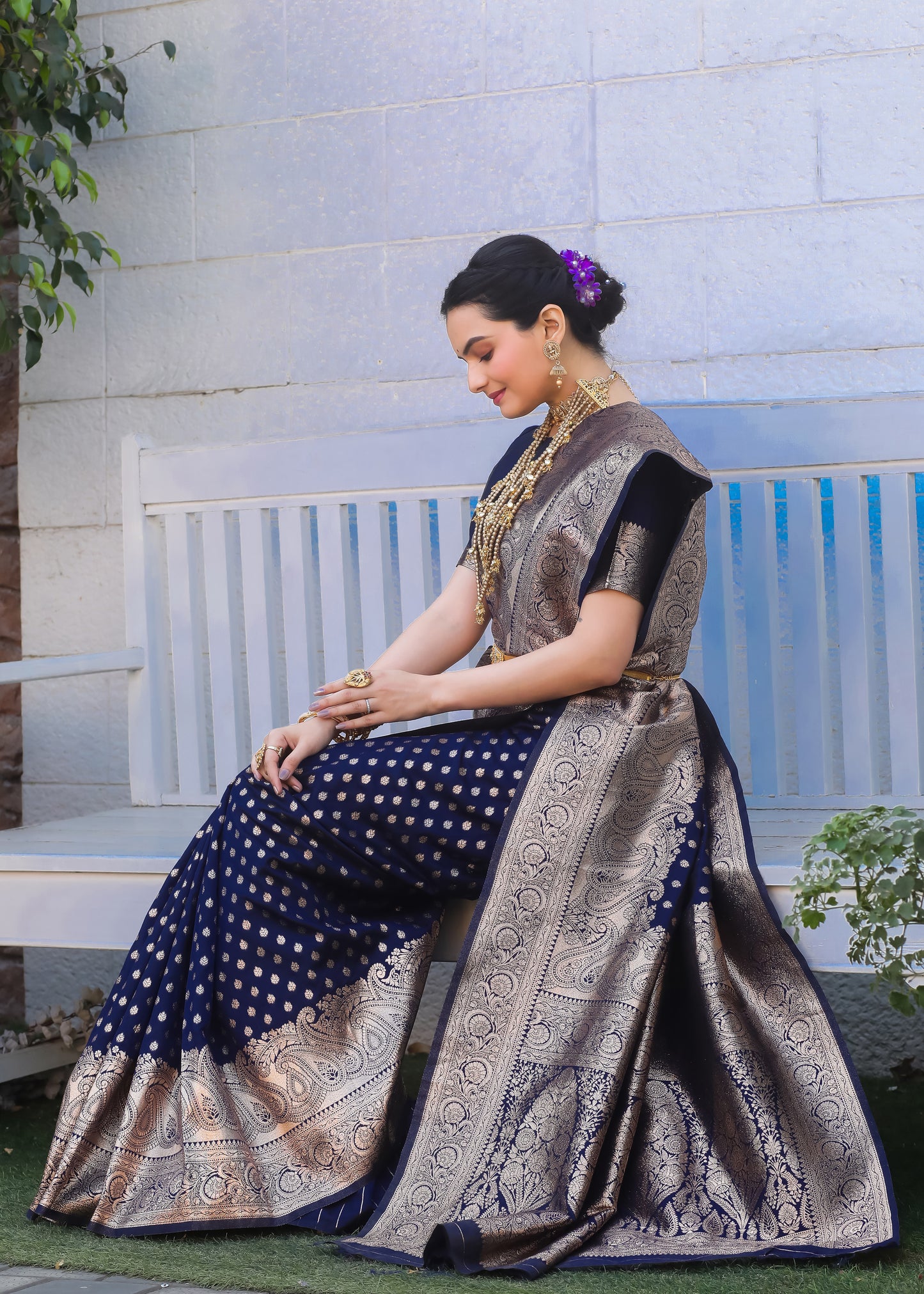 Navy Blue Katan Litchi Silk Banarasi Saree with Zari Butta Woven