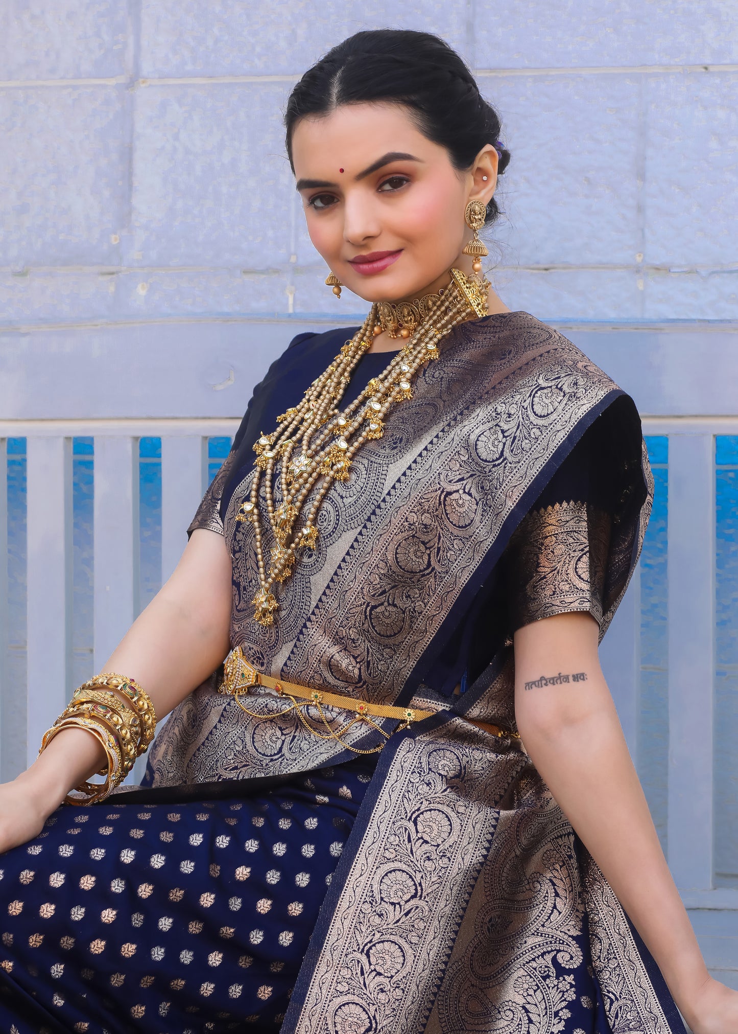 Navy Blue Katan Litchi Silk Banarasi Saree with Zari Butta Woven