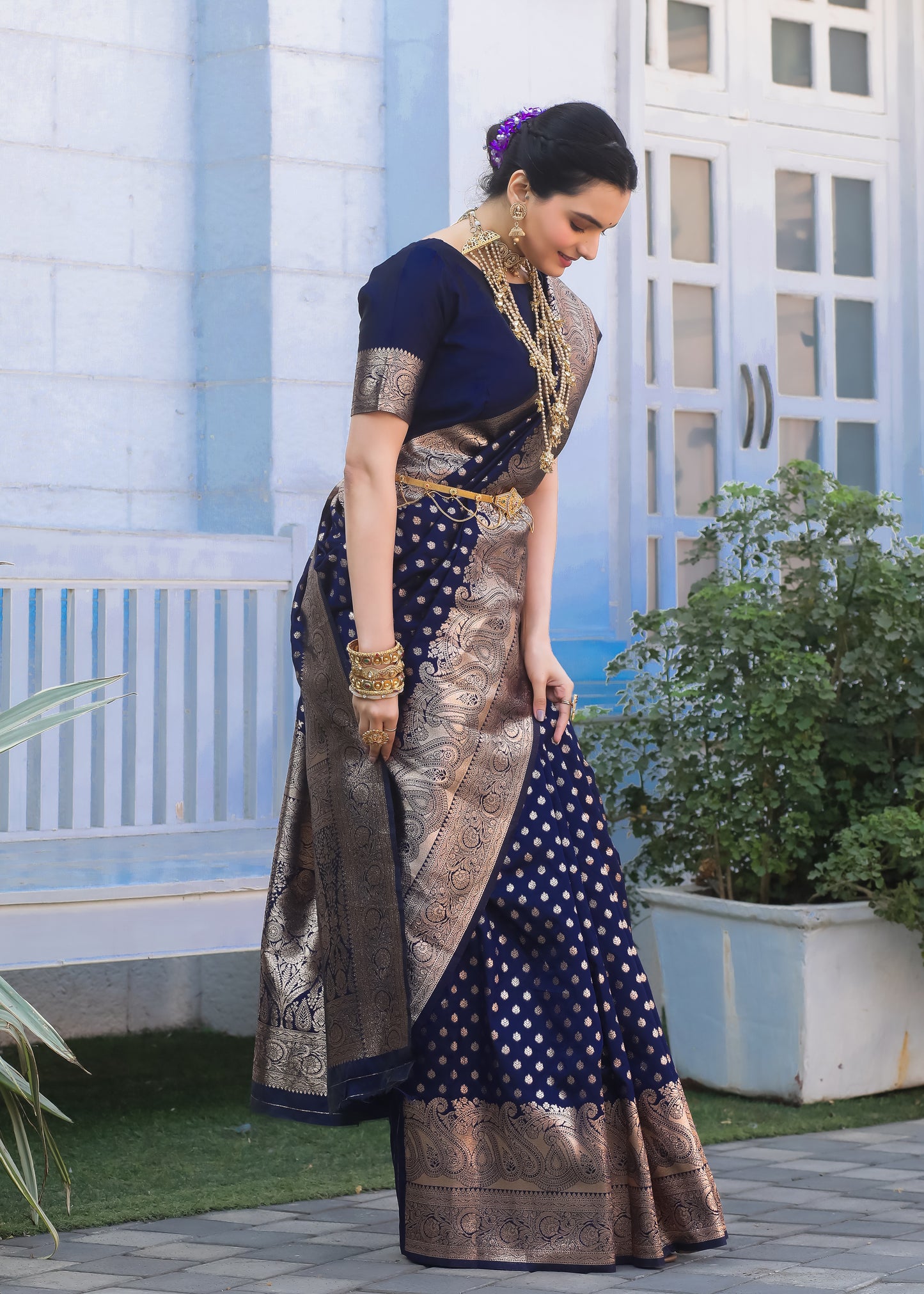 Navy Blue Katan Litchi Silk Banarasi Saree with Zari Butta Woven