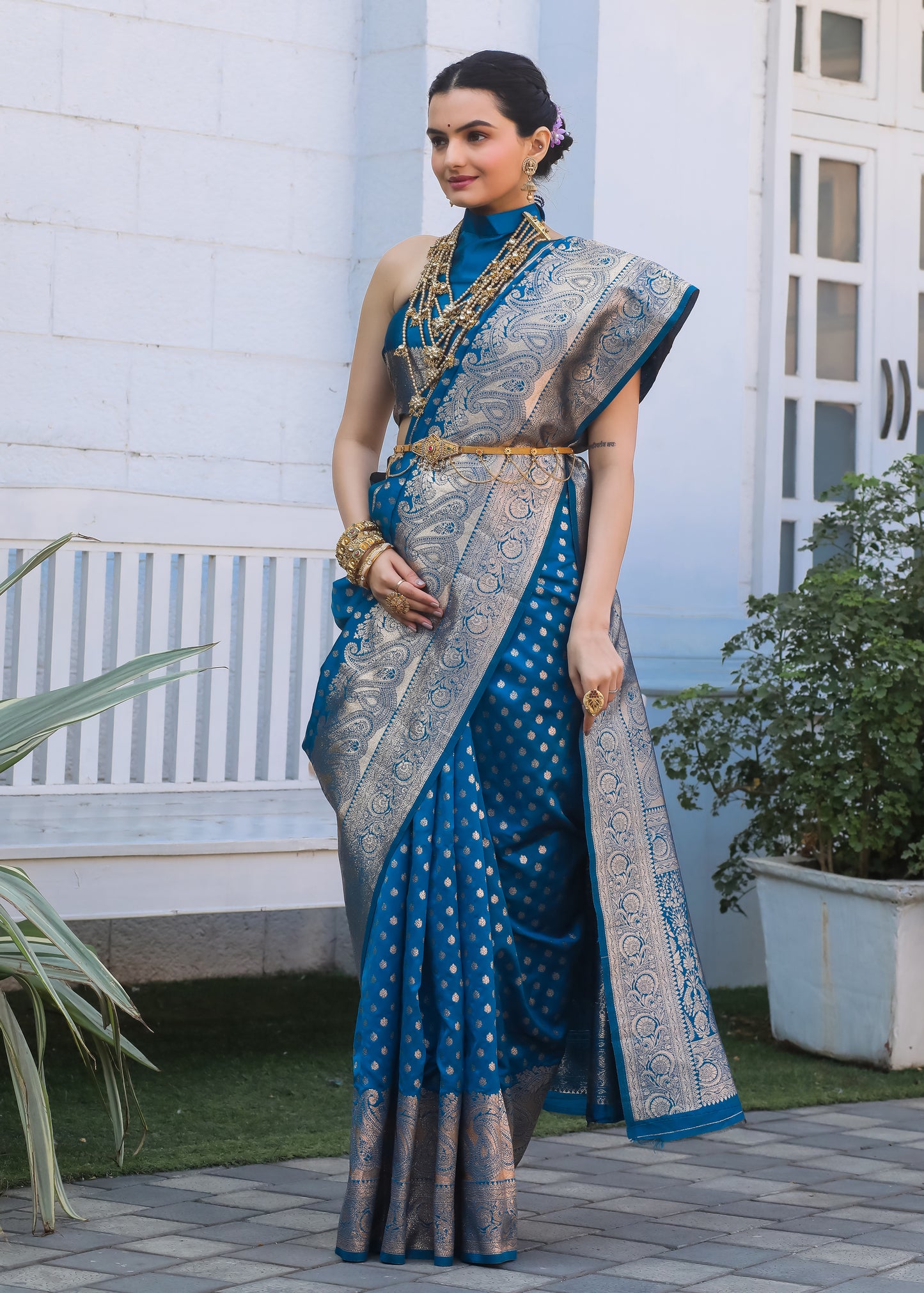 Firozi Katan Litchi Silk Banarasi Saree with Zari Butta Woven