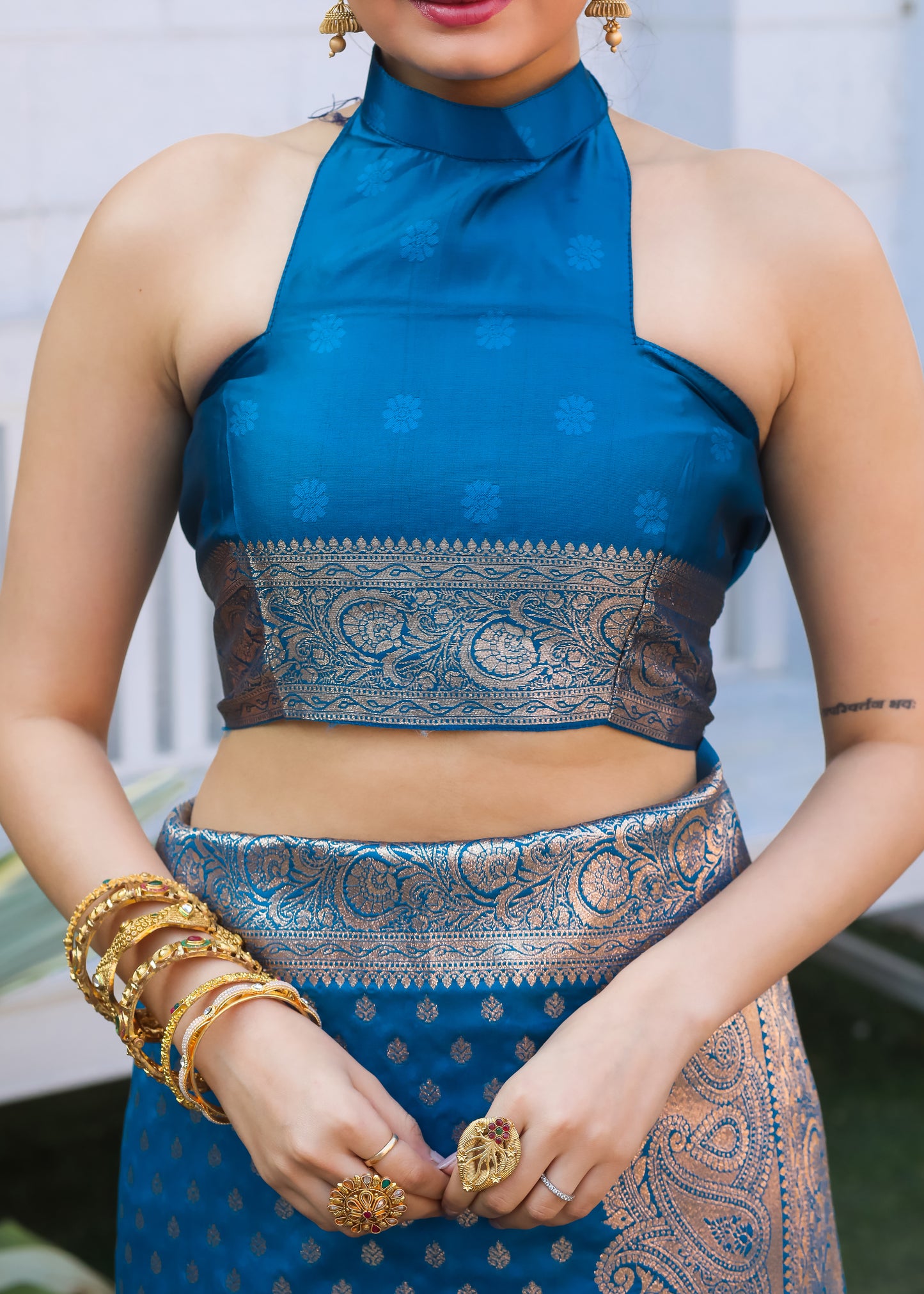 Firozi Katan Litchi Silk Banarasi Saree with Zari Butta Woven
