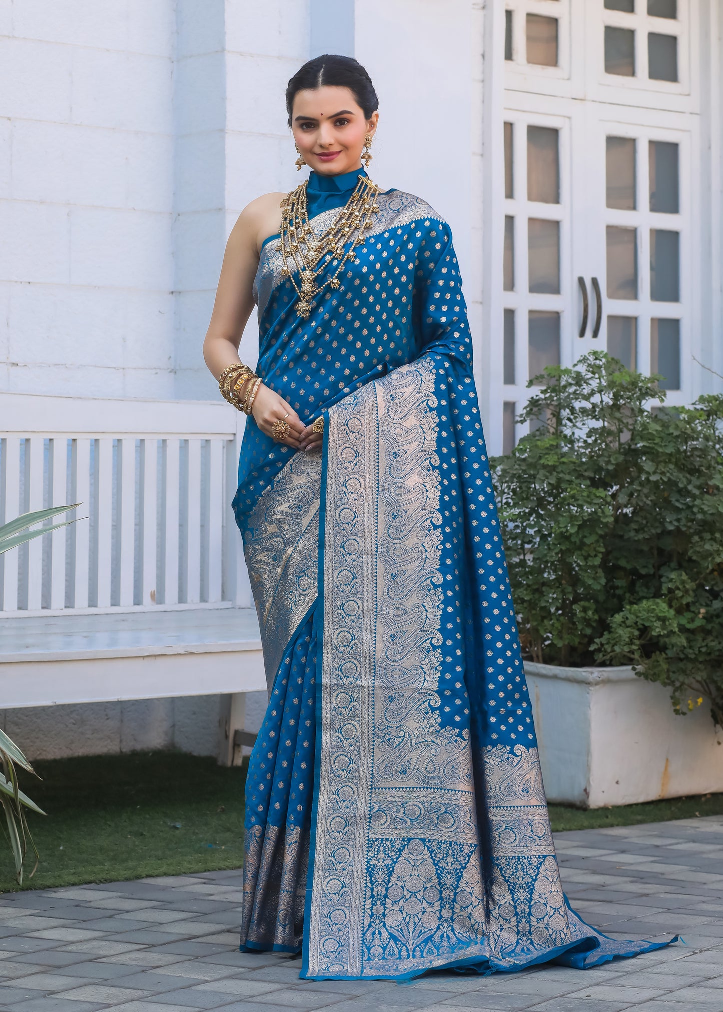 Firozi Katan Litchi Silk Banarasi Saree with Zari Butta Woven