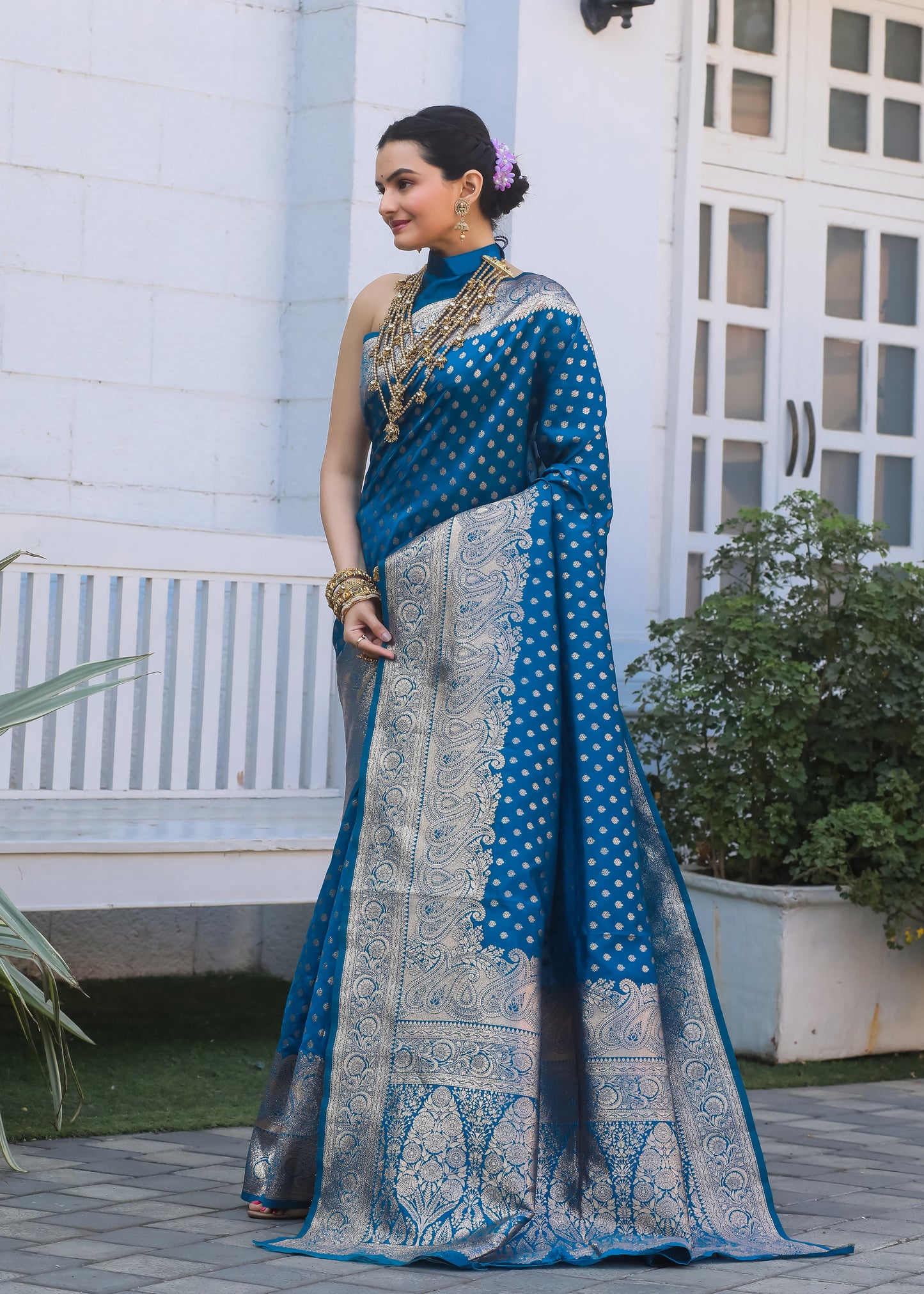 Firozi Katan Litchi Silk Banarasi Saree with Zari Butta Woven