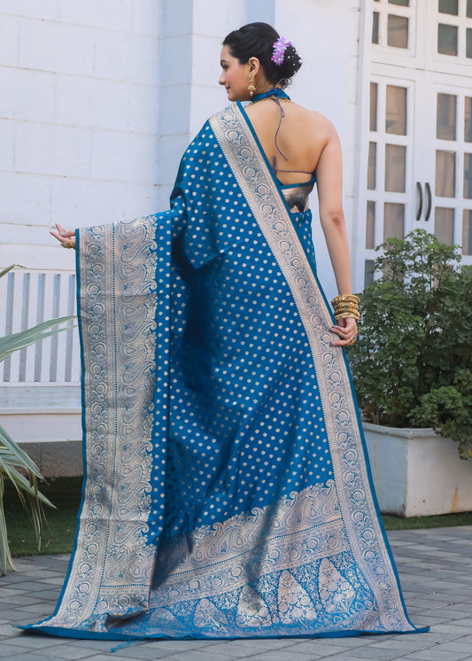 Firozi Katan Litchi Silk Banarasi Saree with Zari Butta Woven