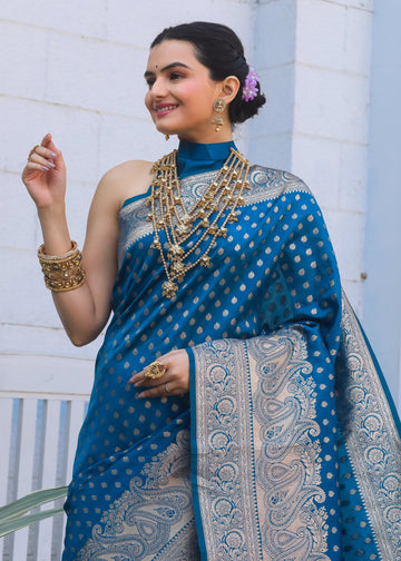 Firozi Katan Litchi Silk Banarasi Saree with Zari Butta Woven