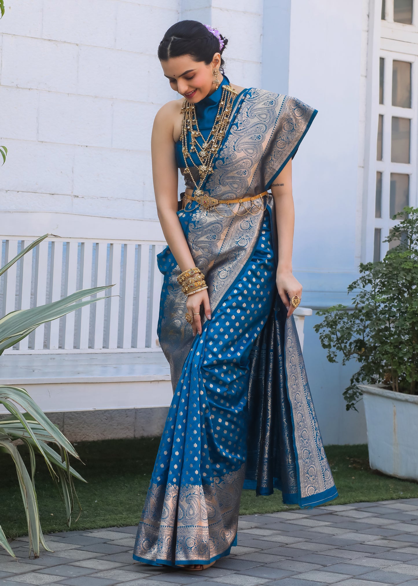 Firozi Katan Litchi Silk Banarasi Saree with Zari Butta Woven