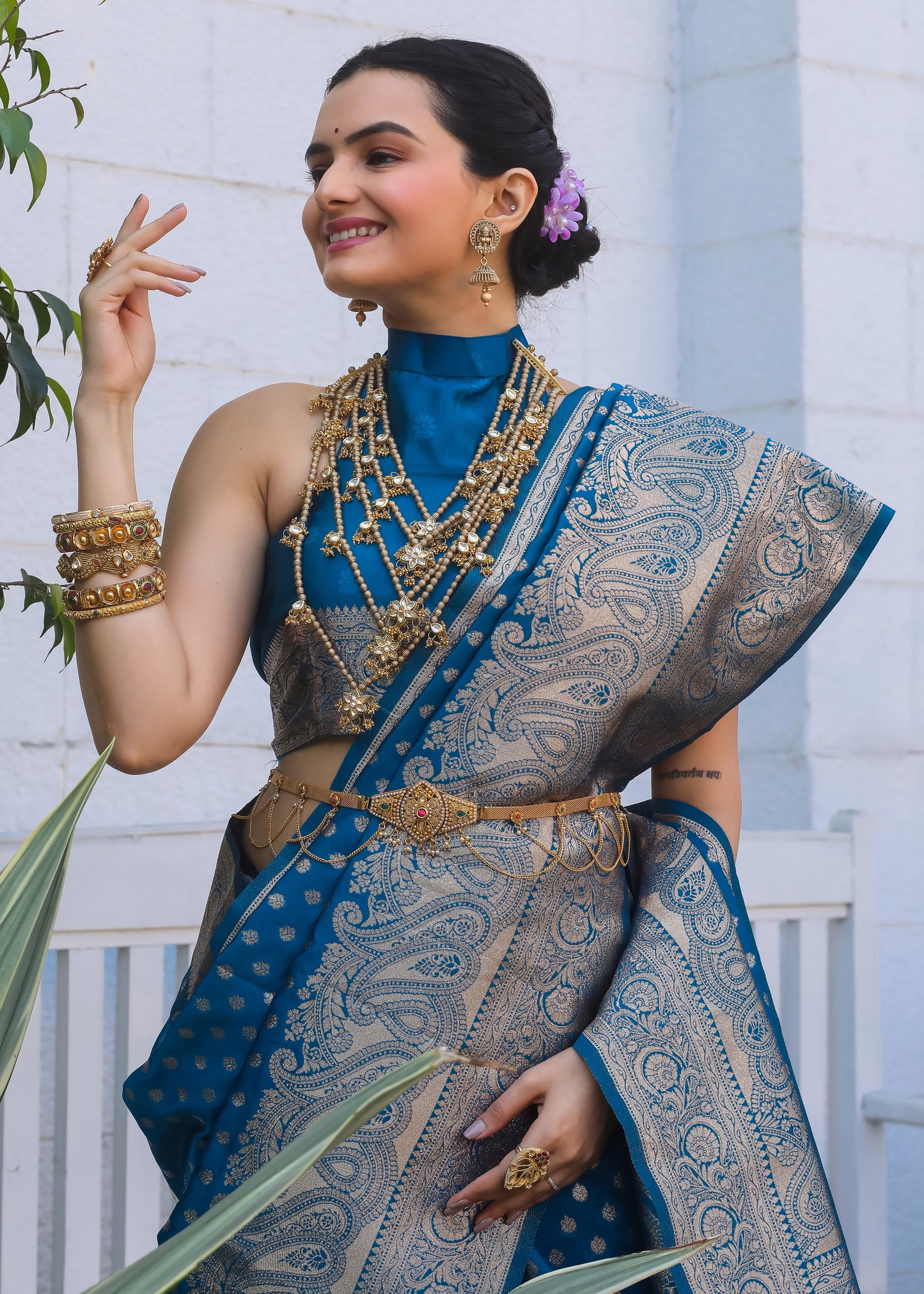 Firozi Katan Litchi Silk Banarasi Saree with Zari Butta Woven