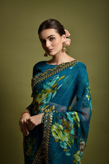 Petrol Lichi Silk Saree with Jari Rich Pallu and Jacquard Blouse – In Stock