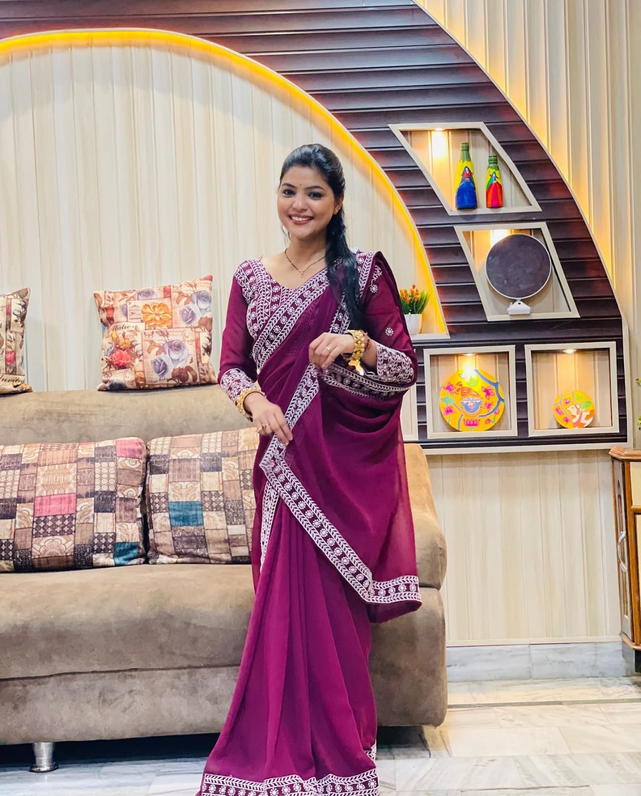 Wine Heavy Georgette Saree with Embroidery Work