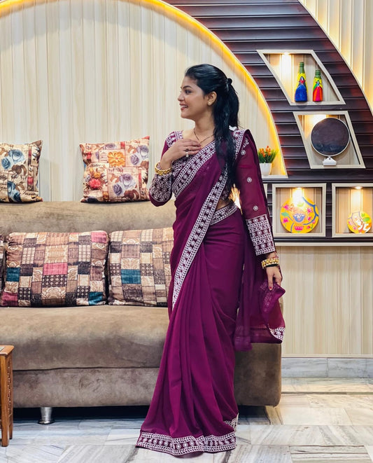 Wine Heavy Georgette Saree with Embroidery Work