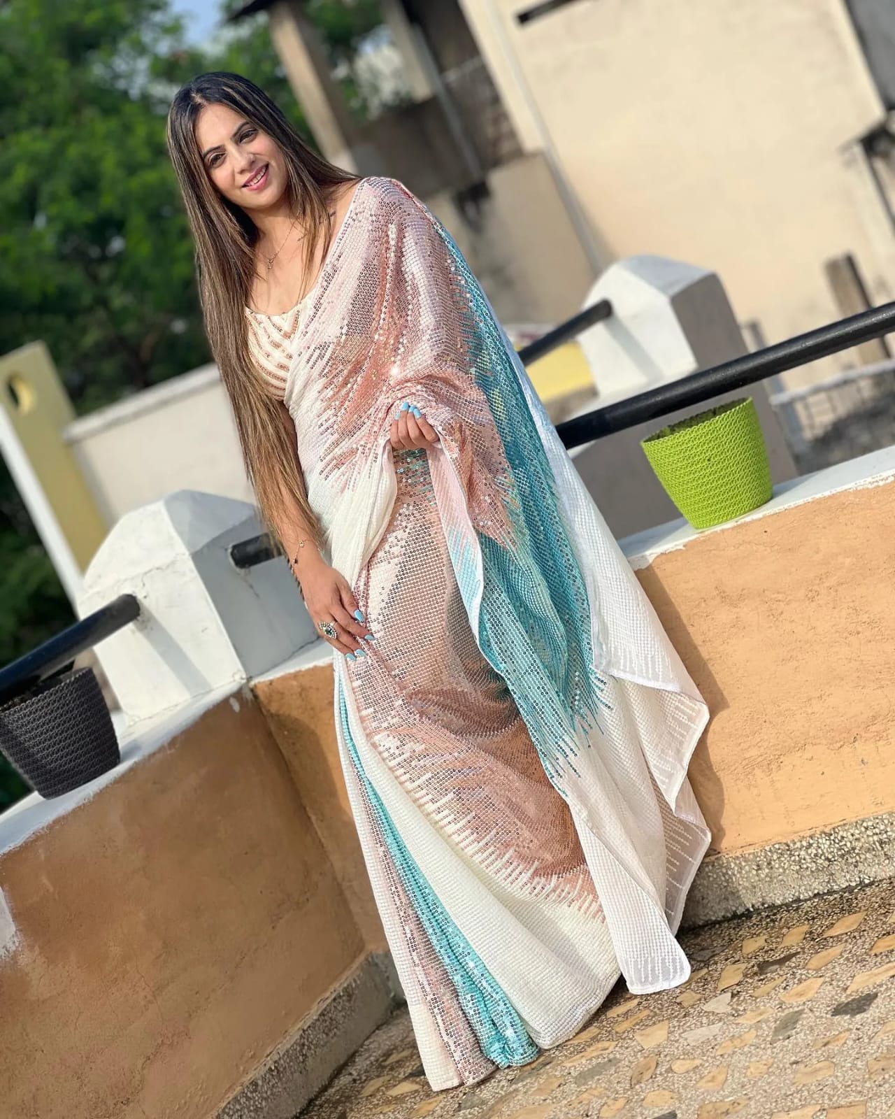 Sky Blue Soft Georgette Saree with Shaded Sequins Work