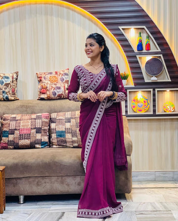 Wine Georgette Saree with Full Embroidery and Sleeved Blouse – Available